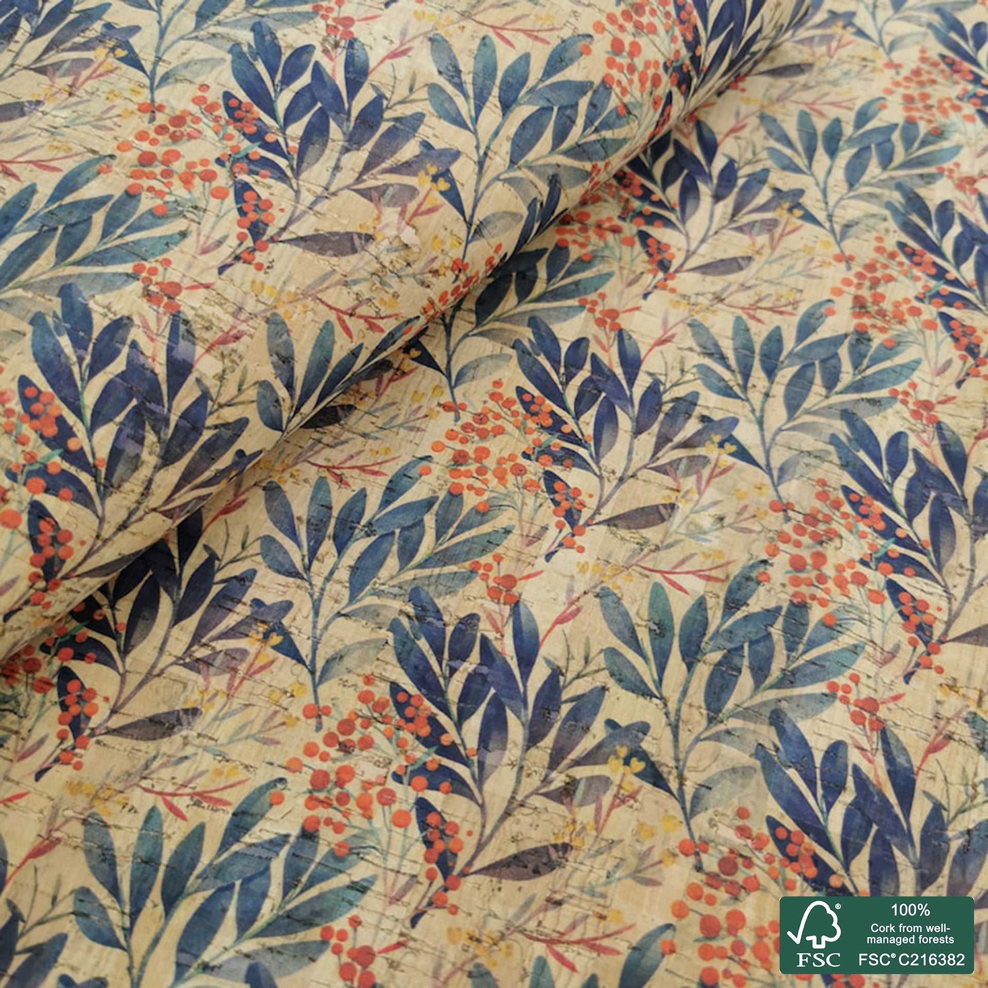 Leaves printed pattern on natural cork fabric (459)