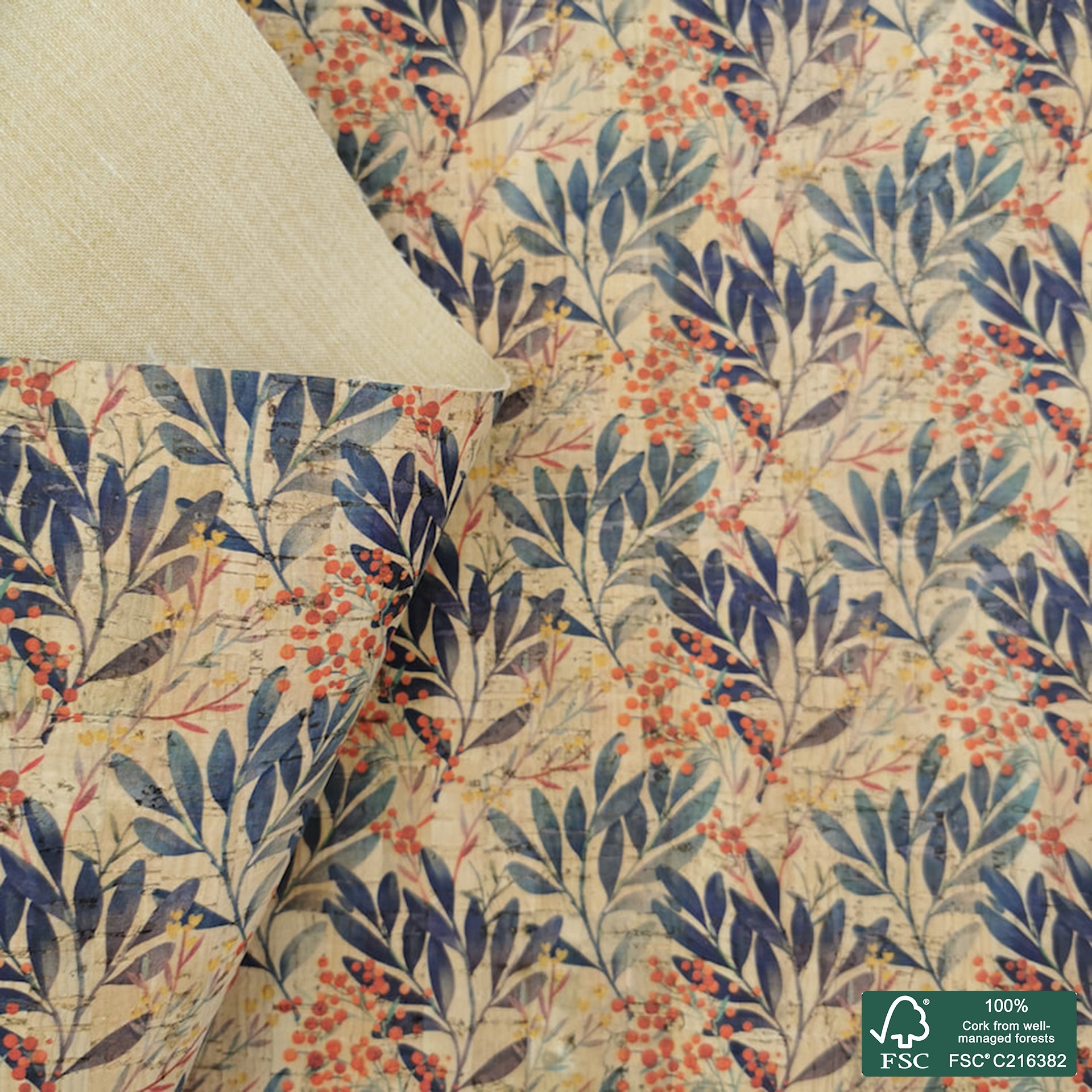 Leaves printed pattern on natural cork fabric (459)