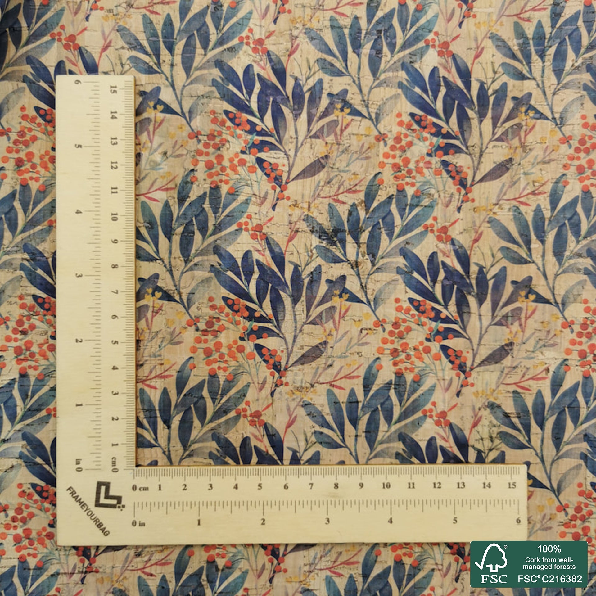Leaves printed pattern on natural cork fabric (459)