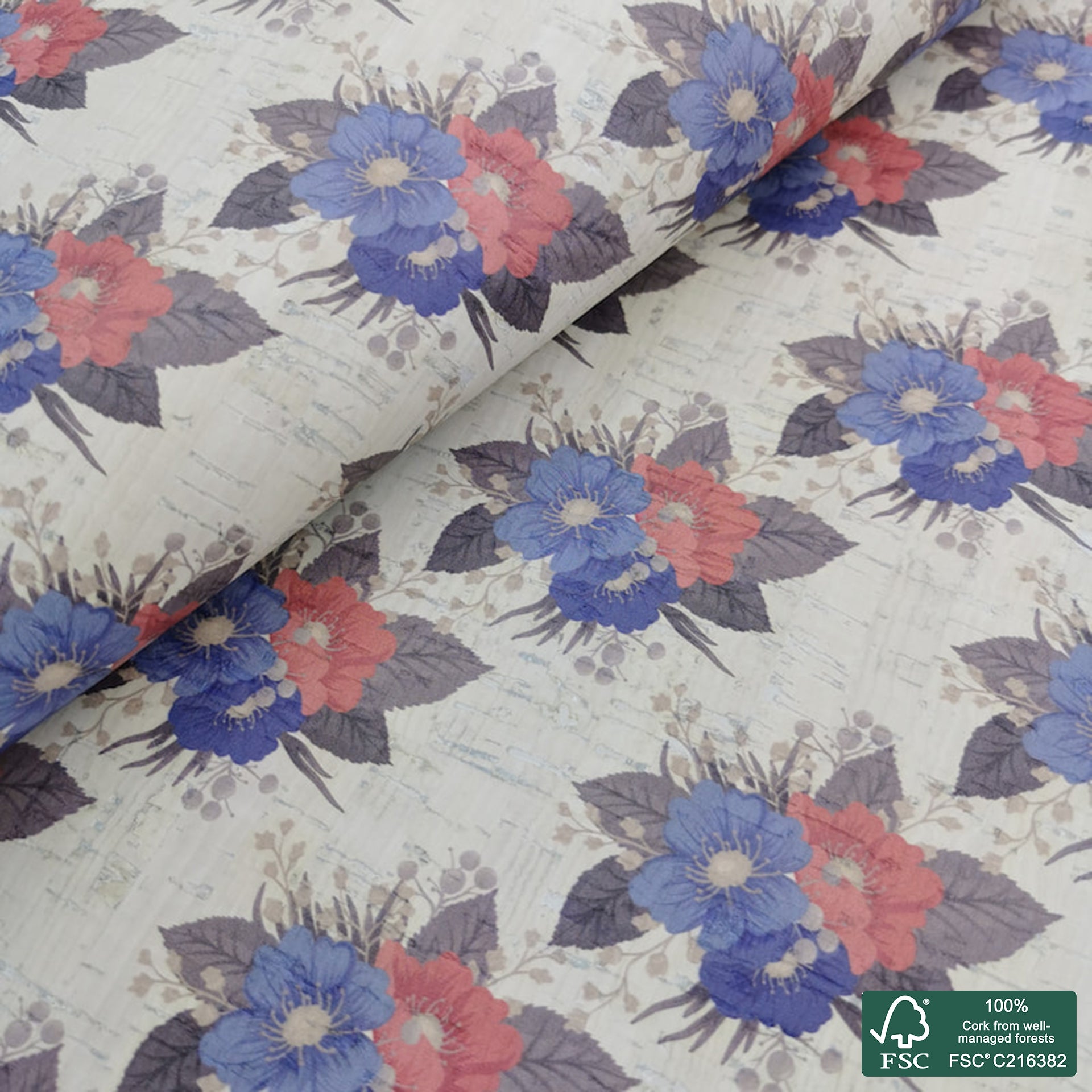 Flowers printed pattern on white cork fabric (463)