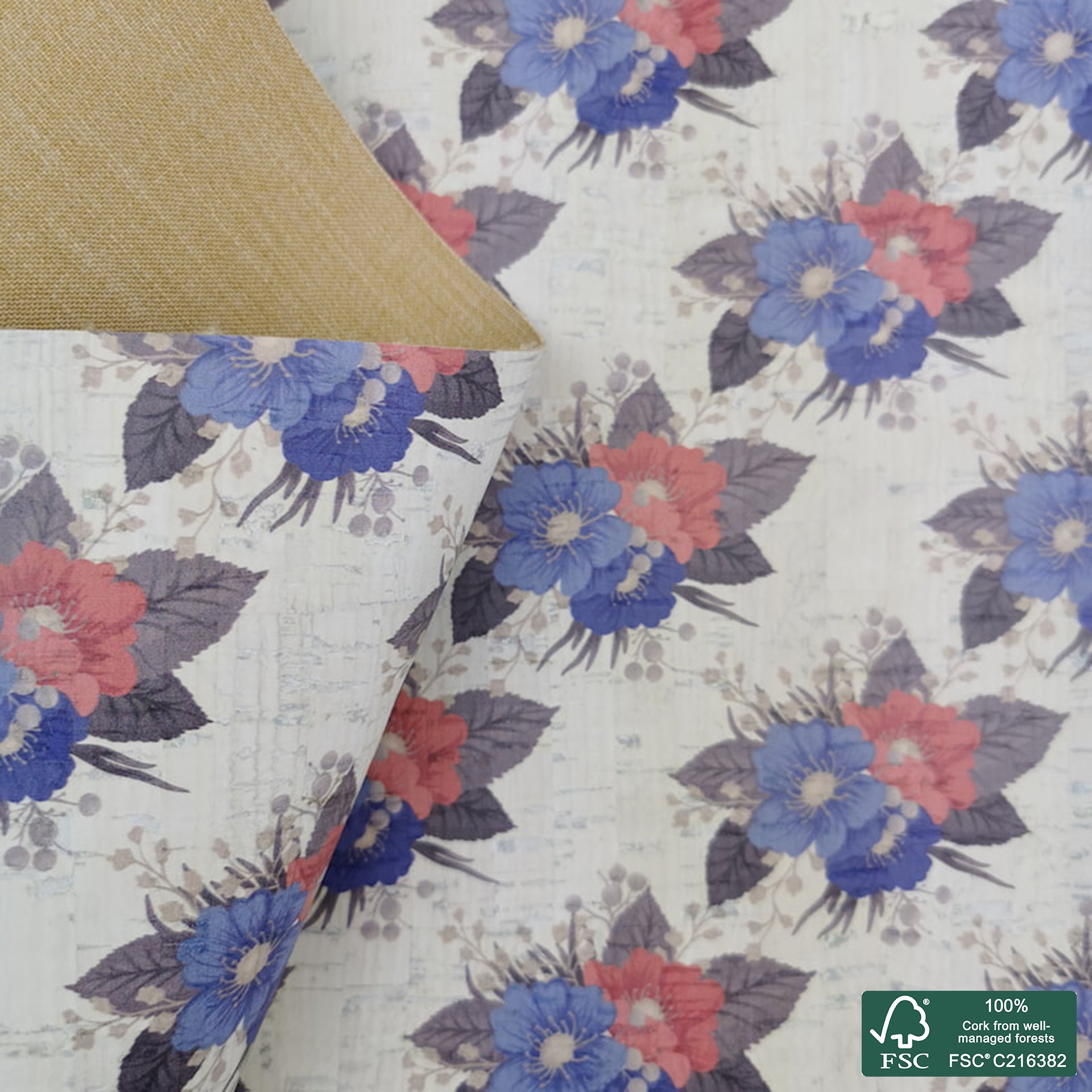 Flowers printed pattern on white cork fabric (463)