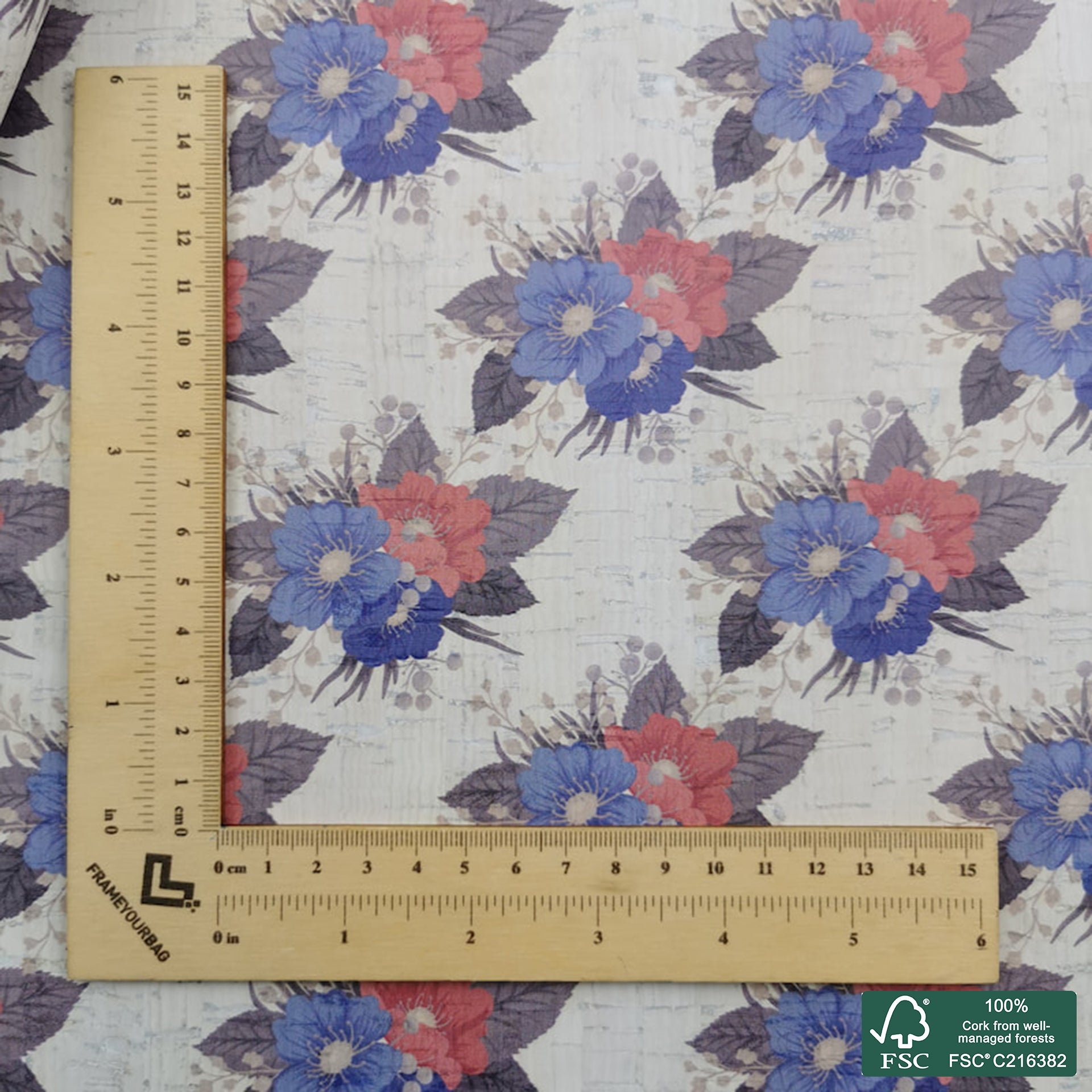 Flowers printed pattern on white cork fabric (463)
