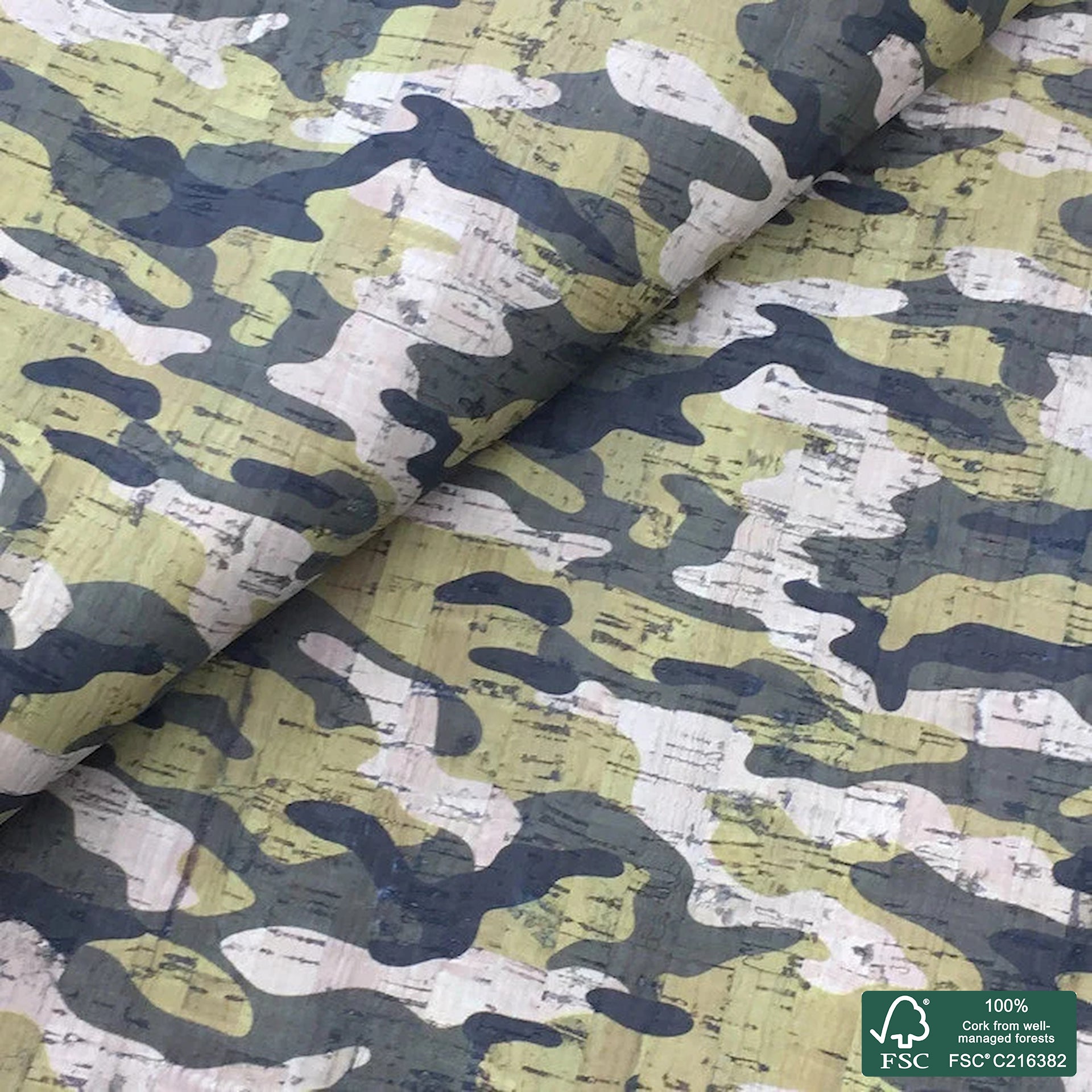 Camouflage printed pattern on natural cork fabric (464)