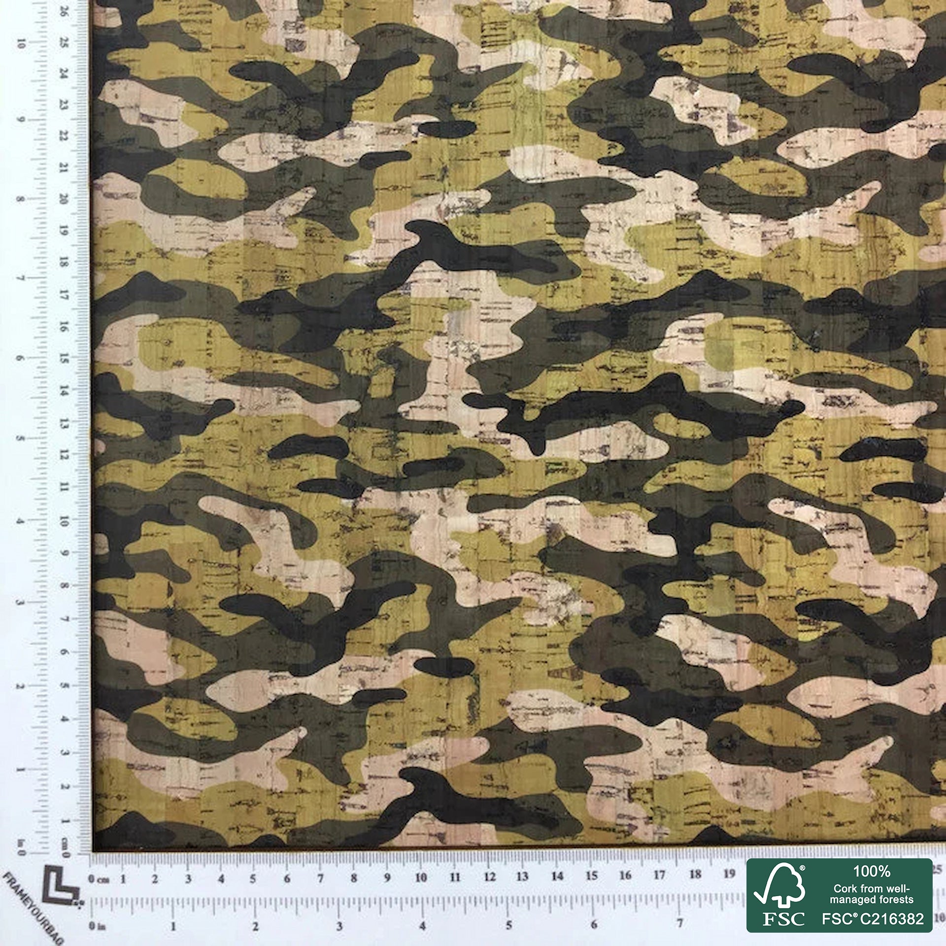 Camouflage printed pattern on natural cork fabric (464)