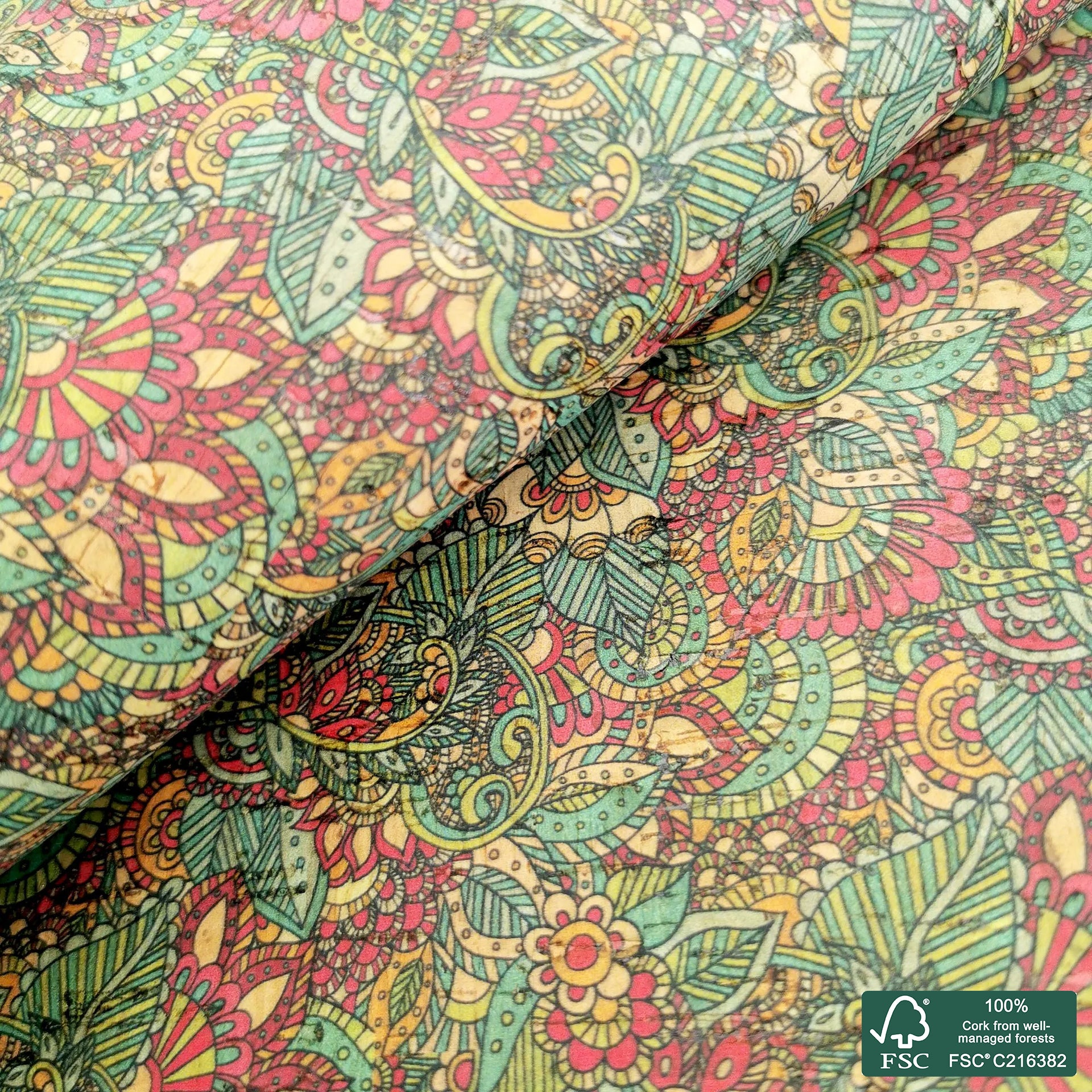 Flowers printed pattern on natural cork fabric (471)