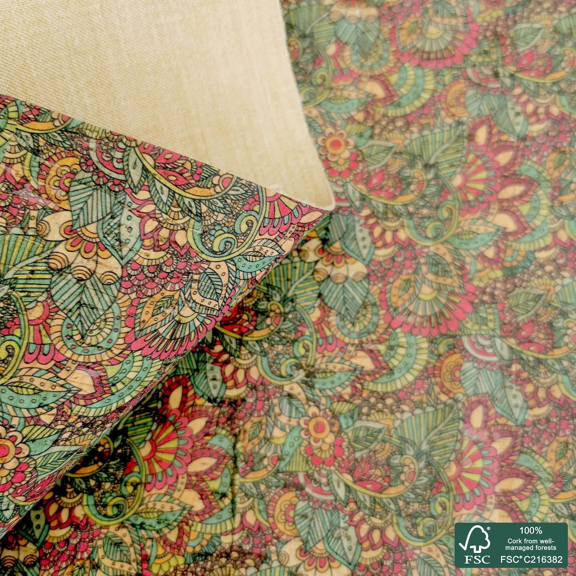 Flowers printed pattern on natural cork fabric (471)