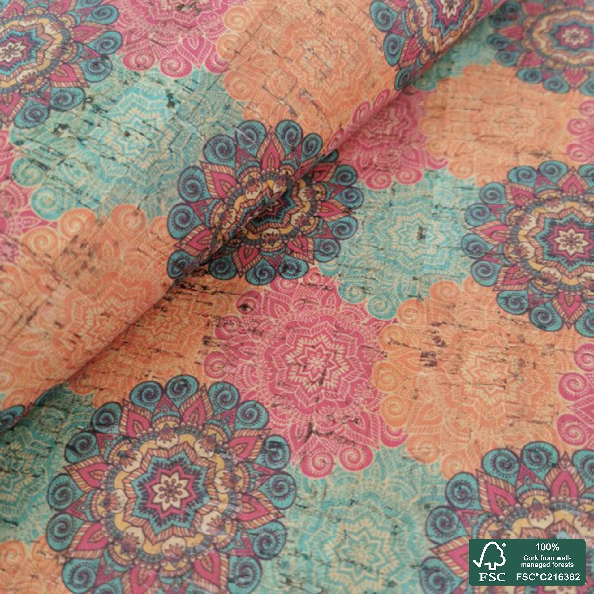 Mandala printed pattern on natural cork fabric (475)