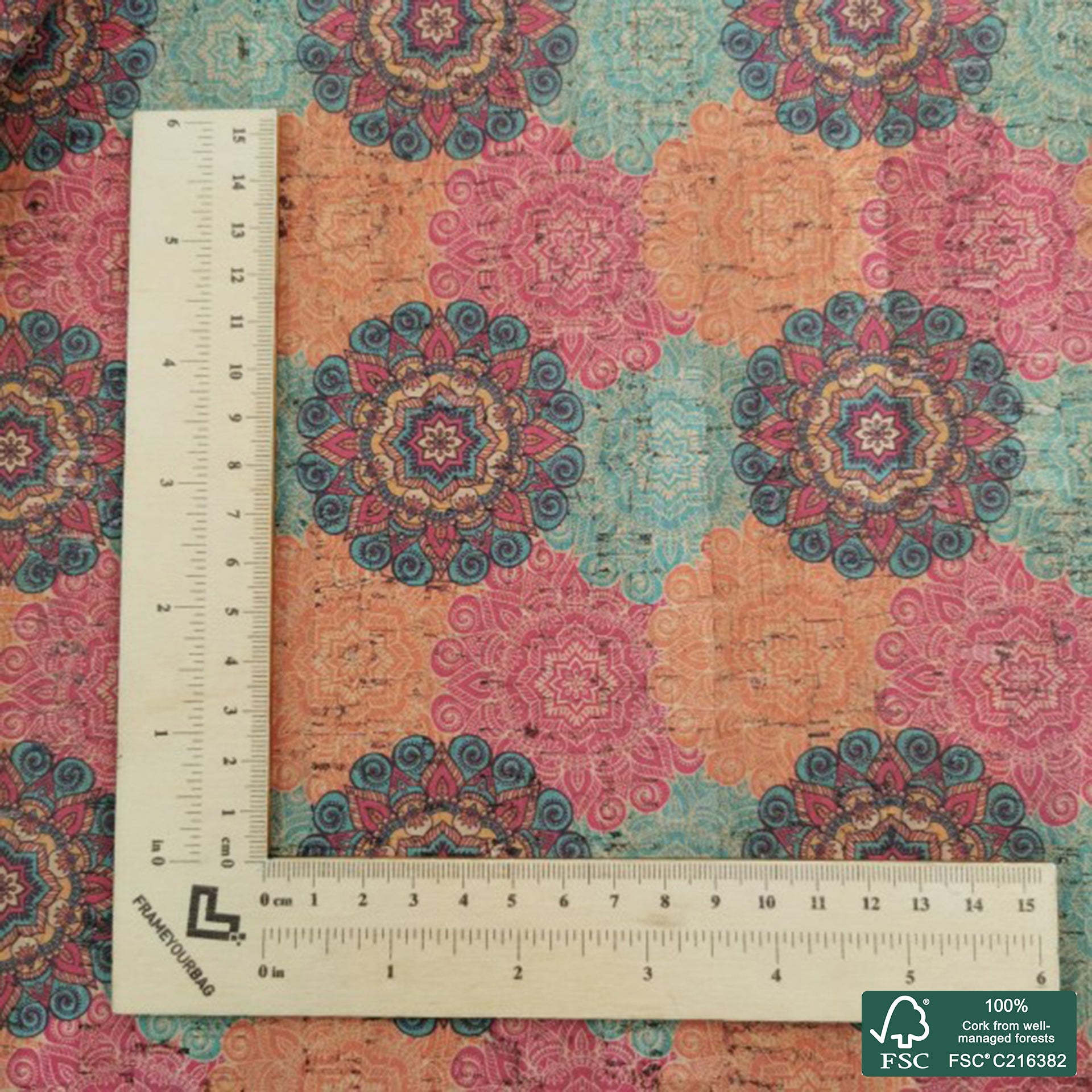 Mandala printed pattern on natural cork fabric (475)