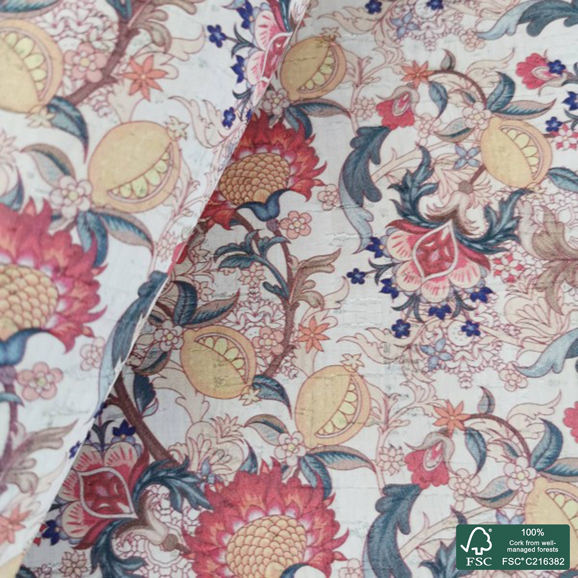 Flowers printed pattern on white cork fabric (477)