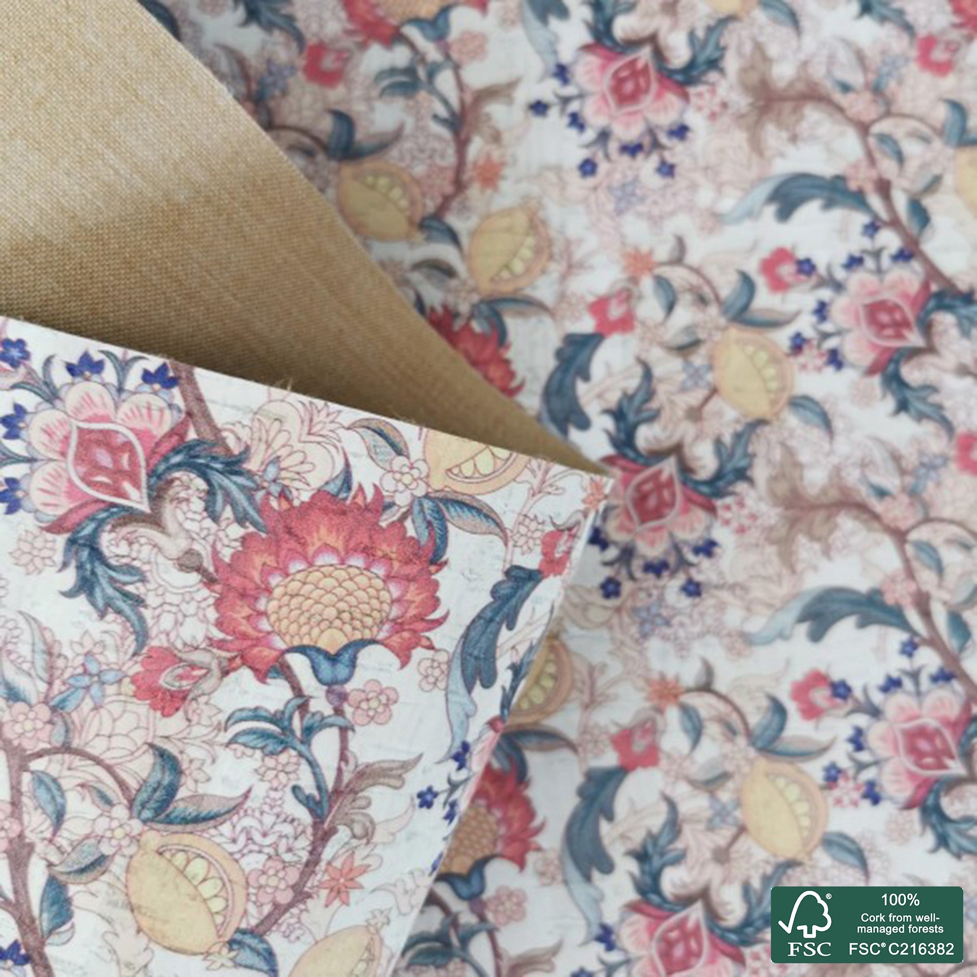 Flowers printed pattern on white cork fabric (477)