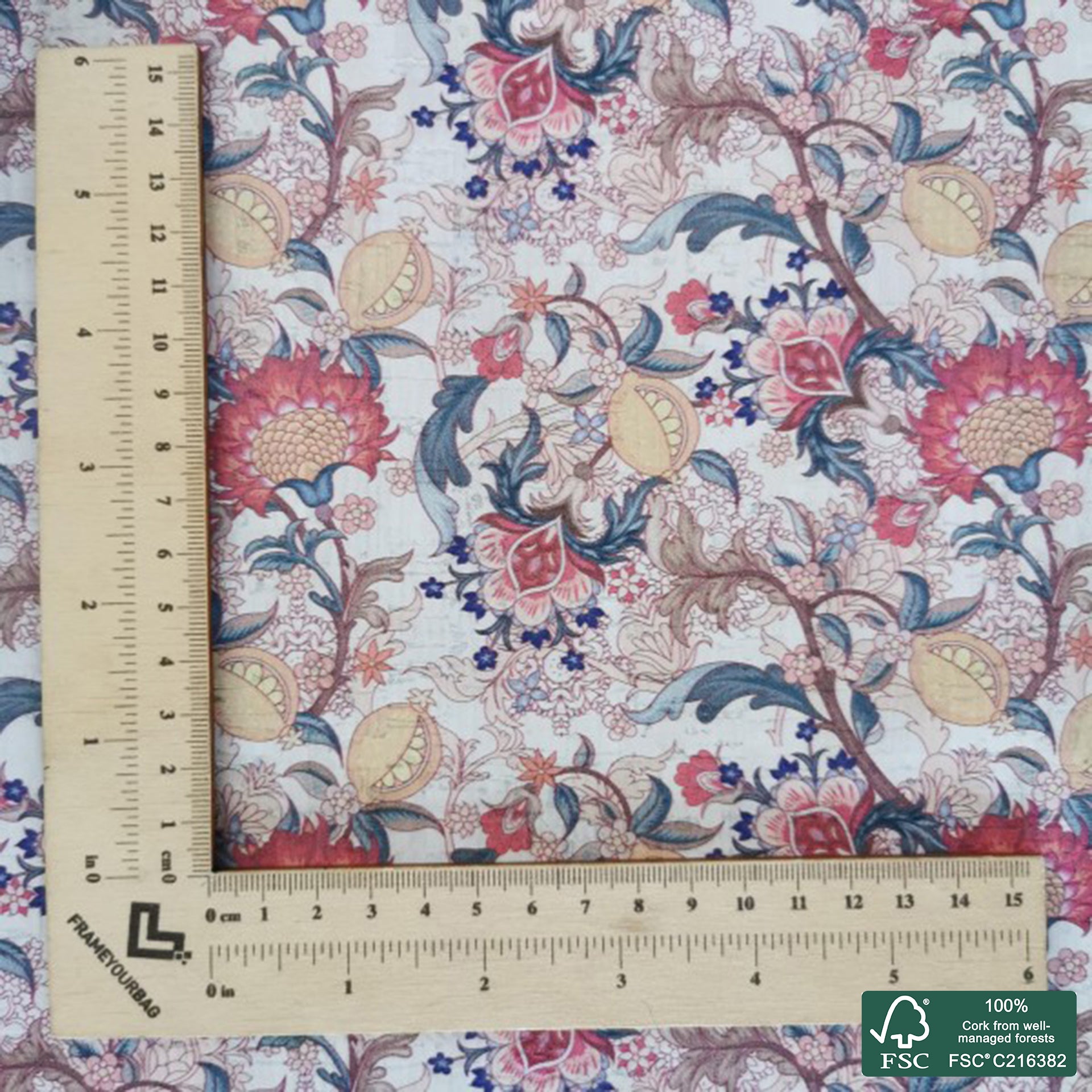 Flowers printed pattern on white cork fabric (477)