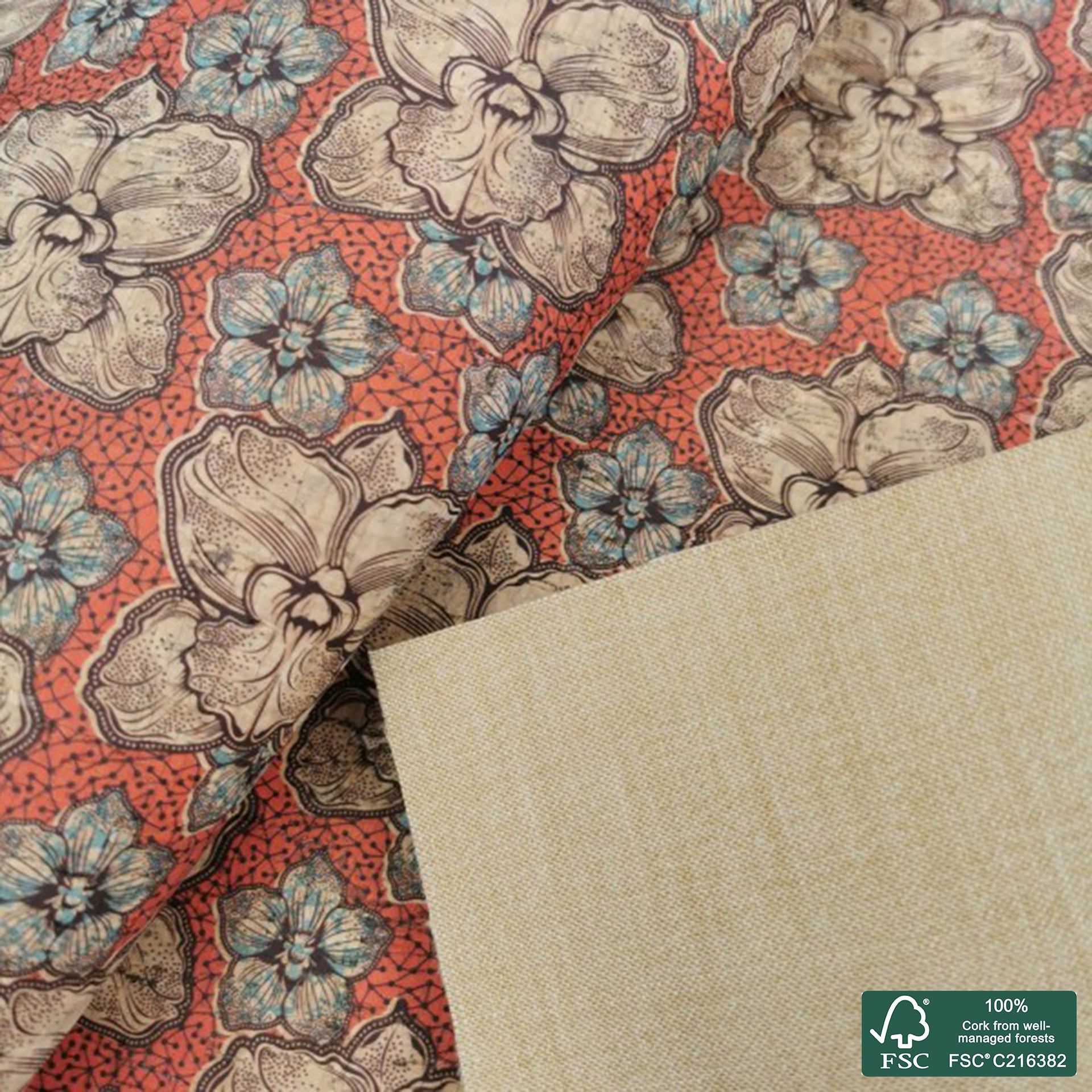 Flowers printed pattern on natural cork fabric (479)