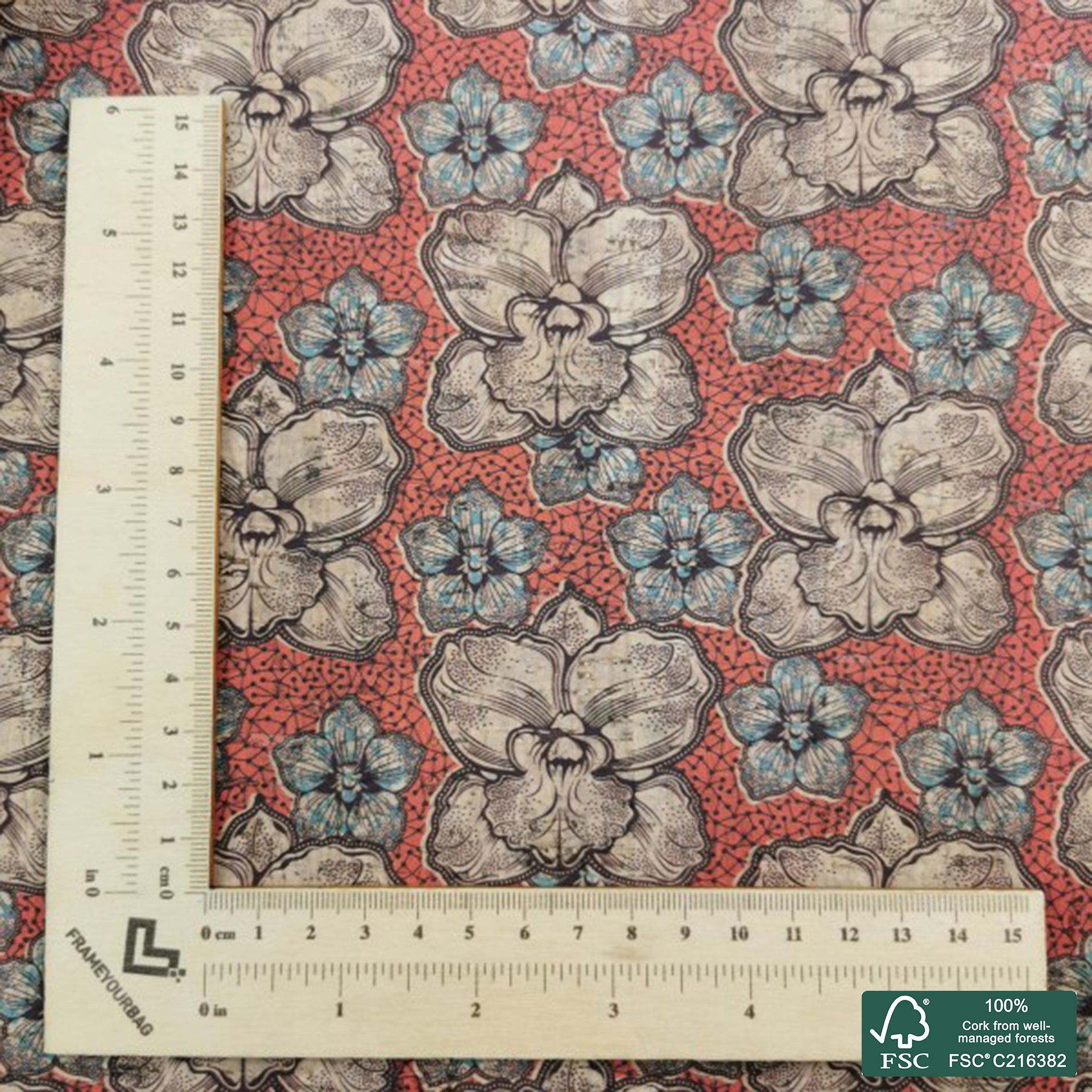 Flowers printed pattern on natural cork fabric (479)