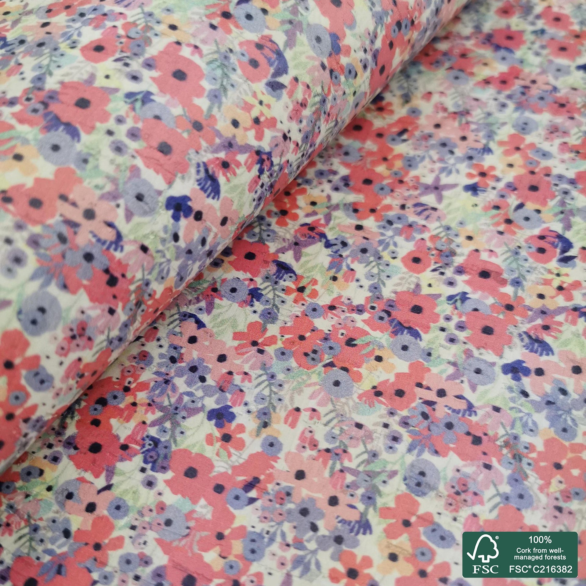 Flowers printed pattern on white cork fabric (480)