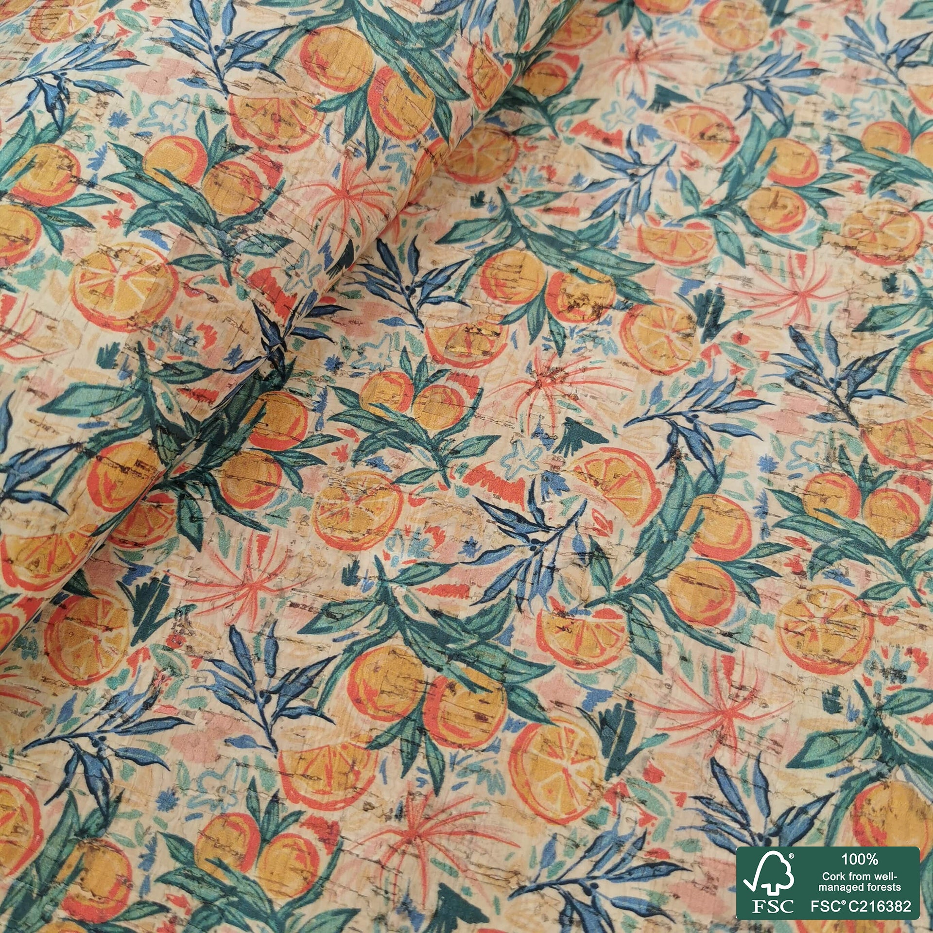 Oranges printed pattern on natural cork fabric (482)