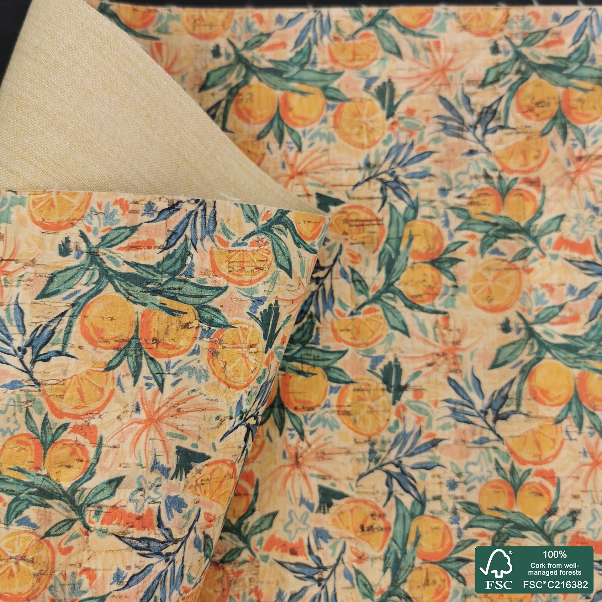Oranges printed pattern on natural cork fabric (482)