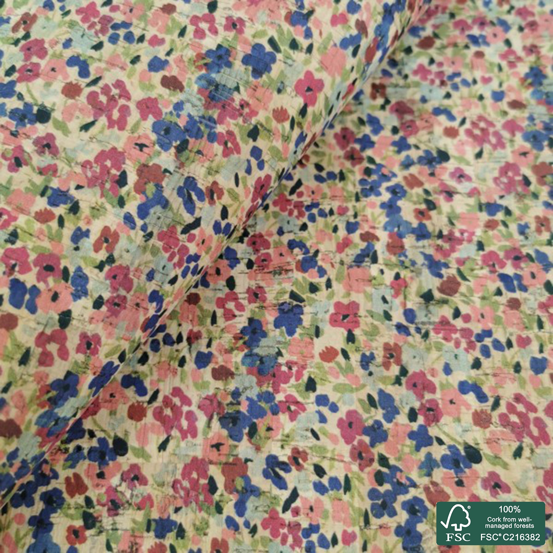Flowers printed pattern on natural cork fabric (483)