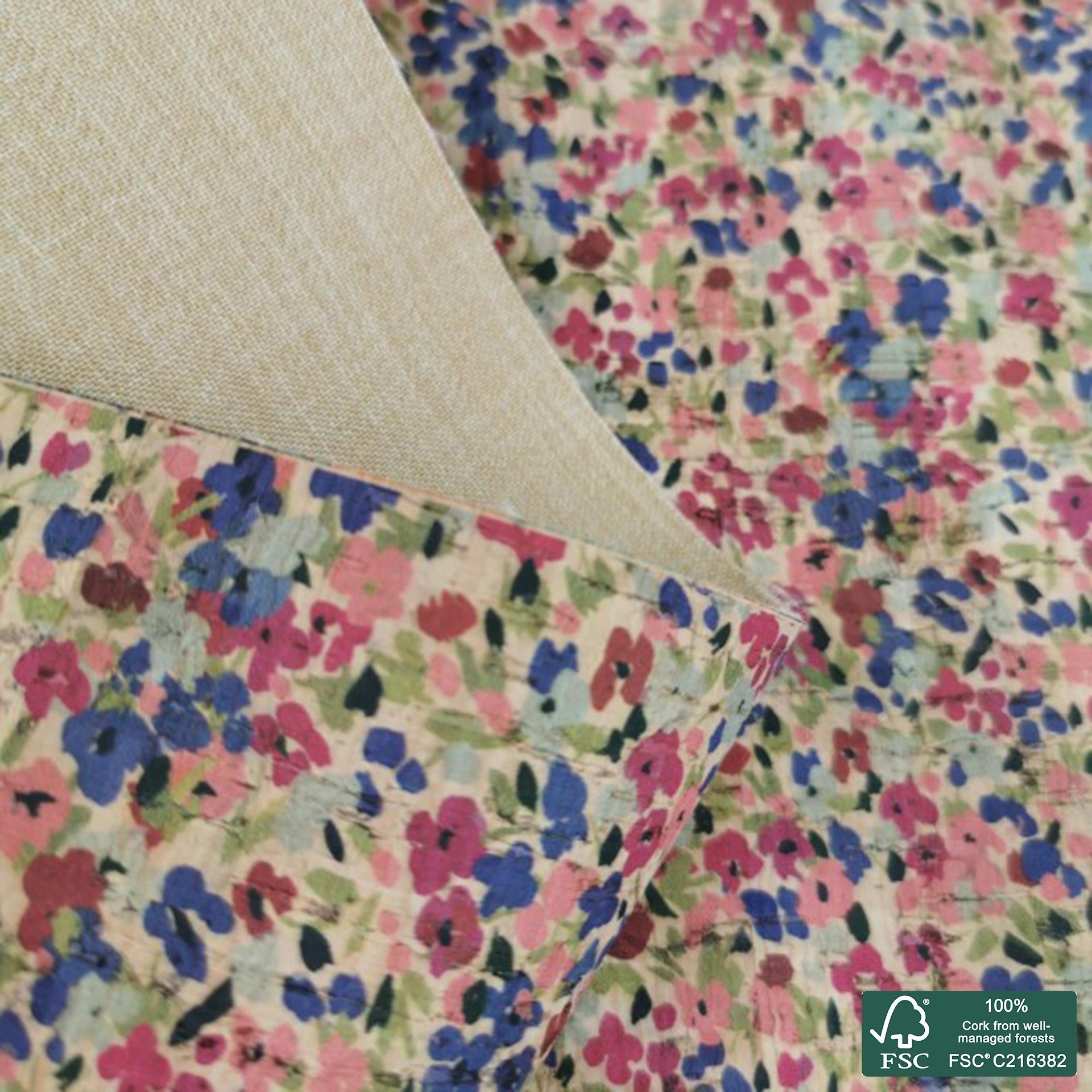 Flowers printed pattern on natural cork fabric (483)