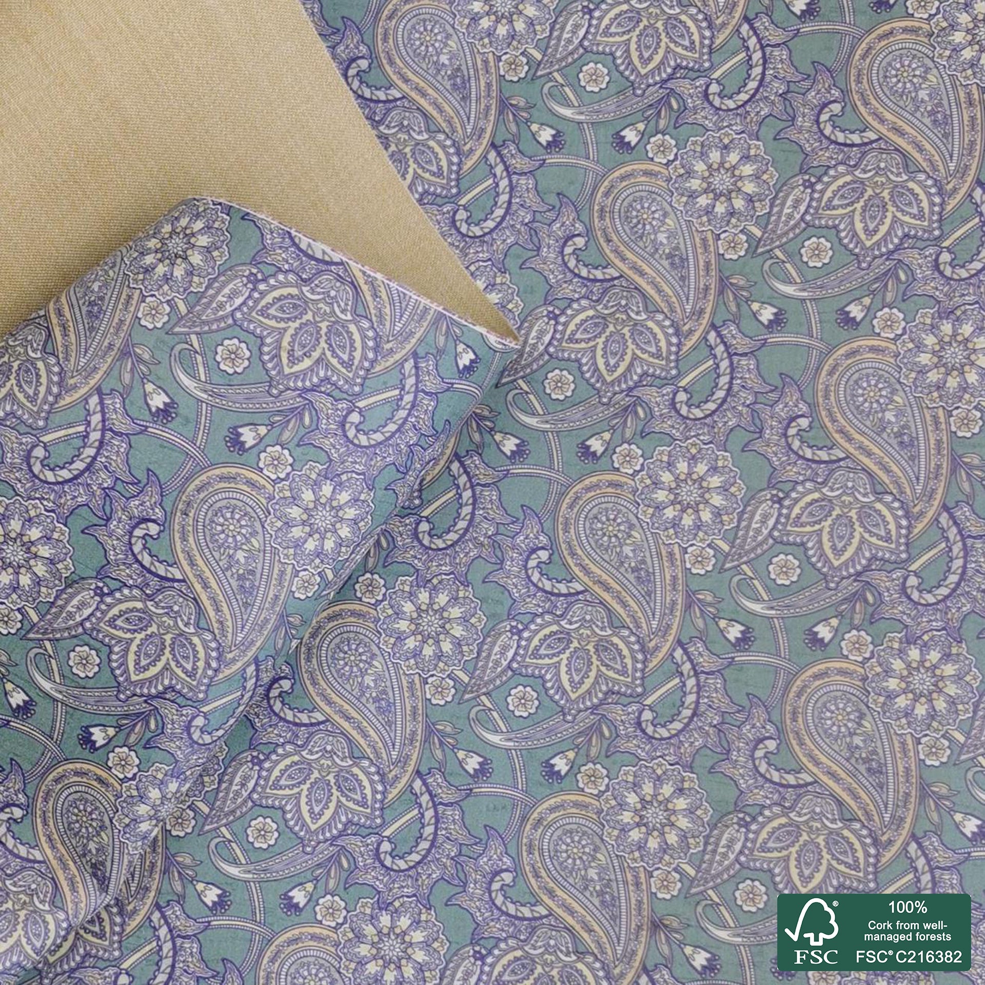 Paisley printed pattern on white cork fabric (485)