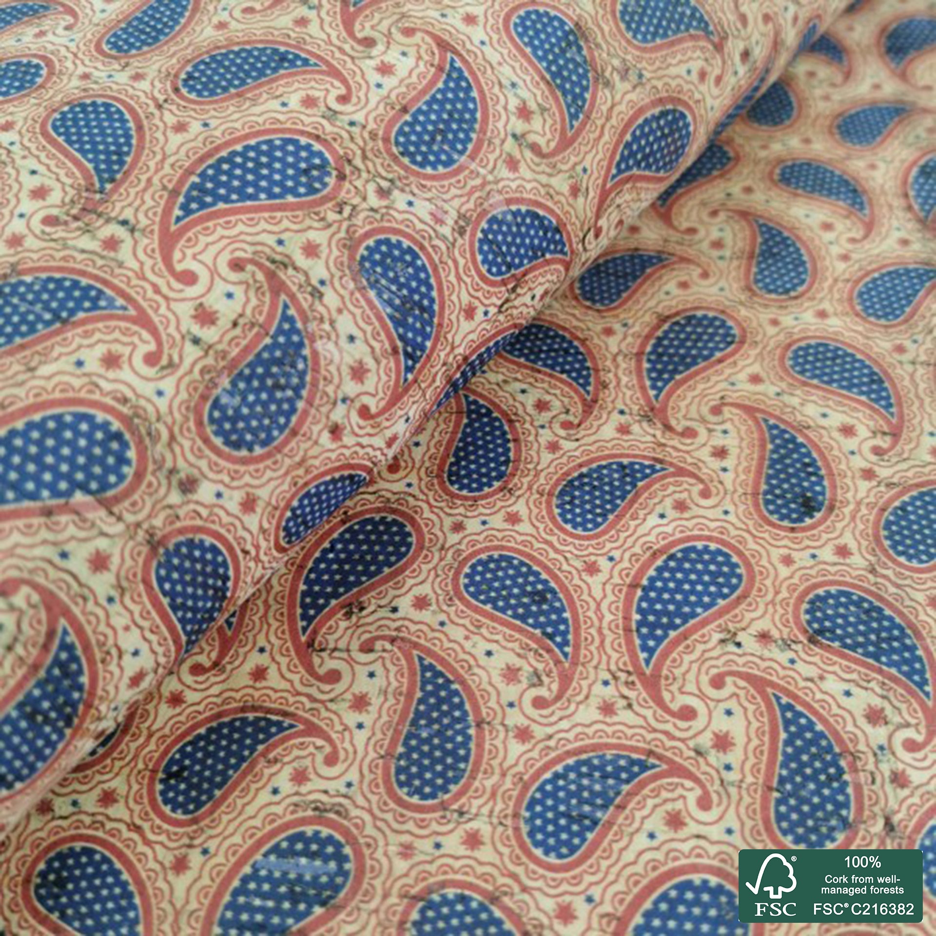 Paisley printed pattern on natural cork fabric (486)