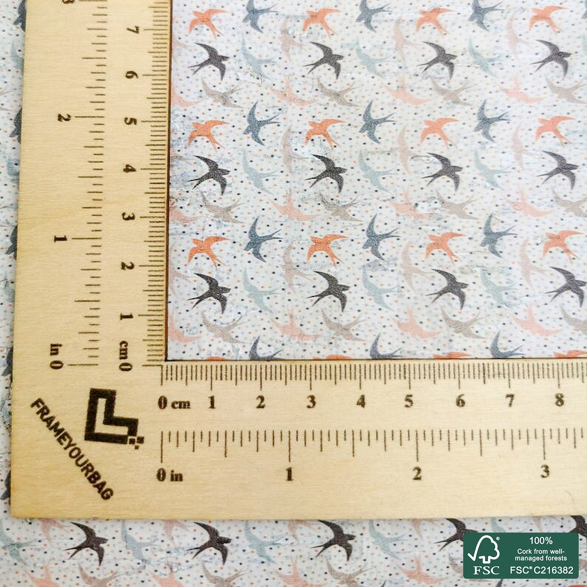 Swallows printed pattern on white cork fabric (495)
