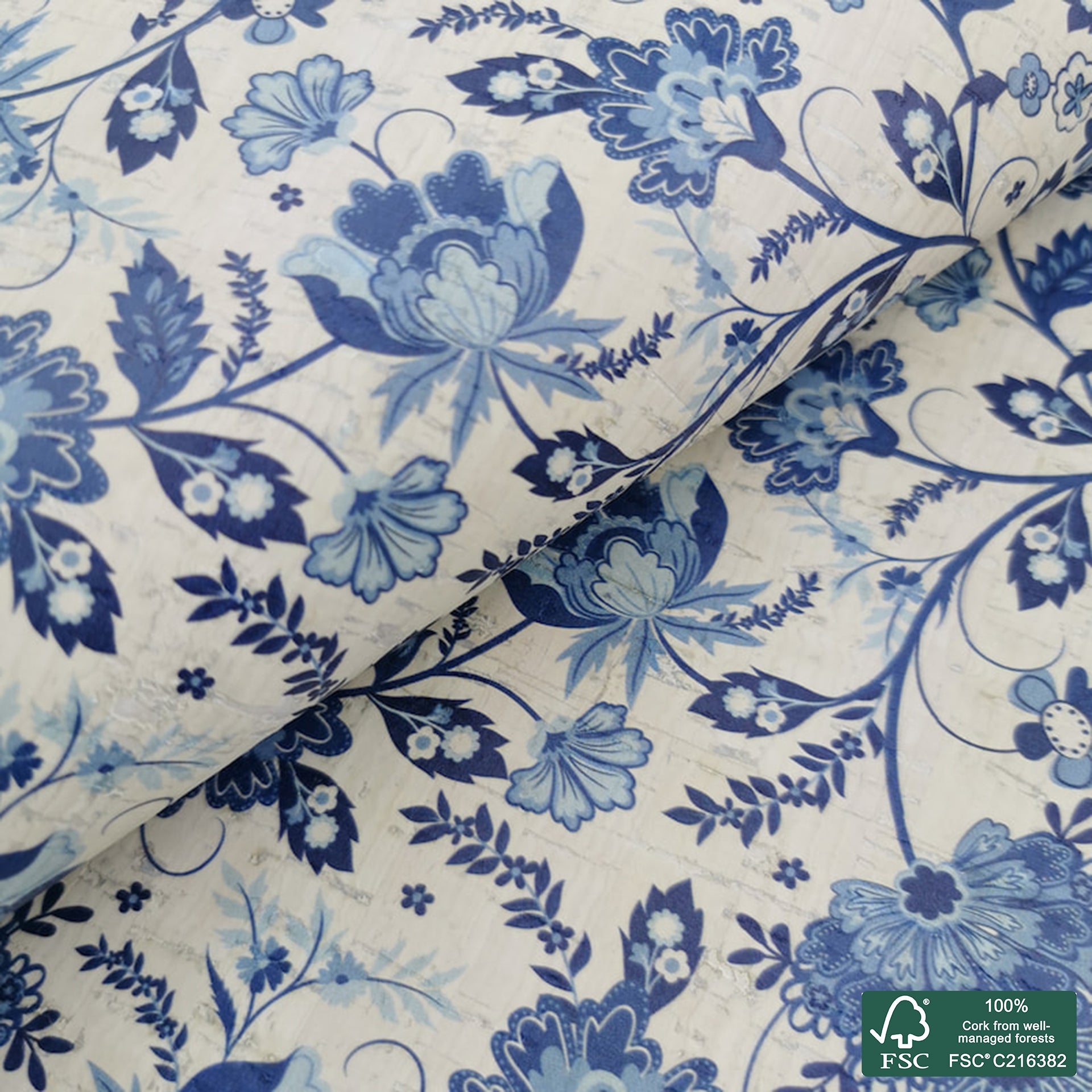 Flowers printed pattern on white cork fabric (499)