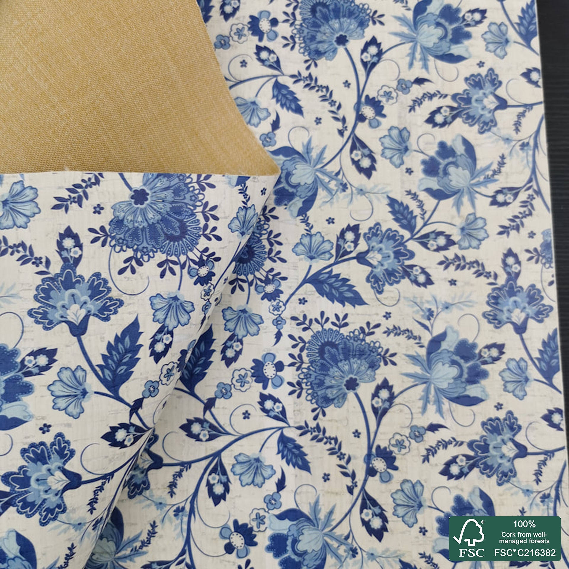 Flowers printed pattern on white cork fabric (499)