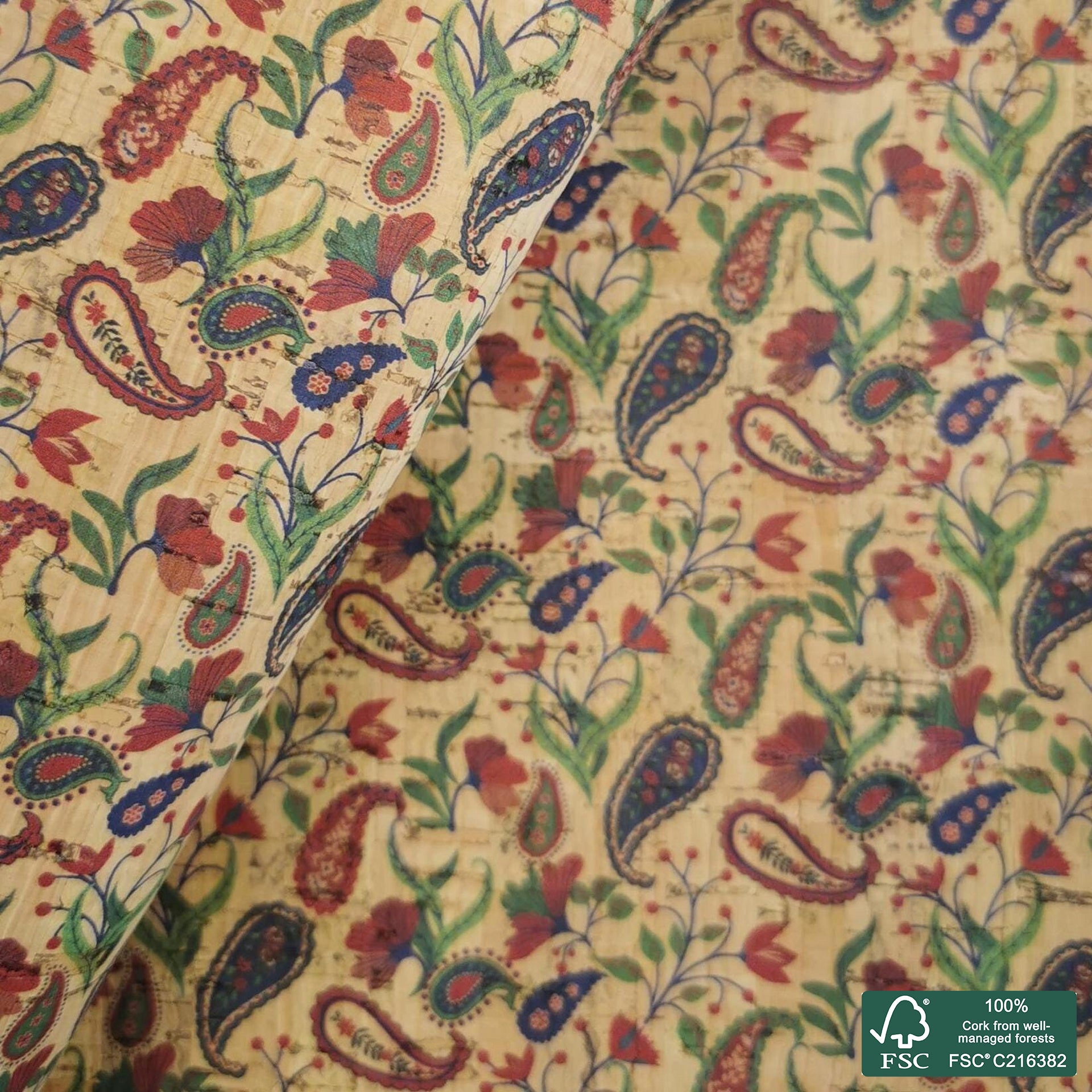 Paisley printed pattern on natural cork fabric (515)