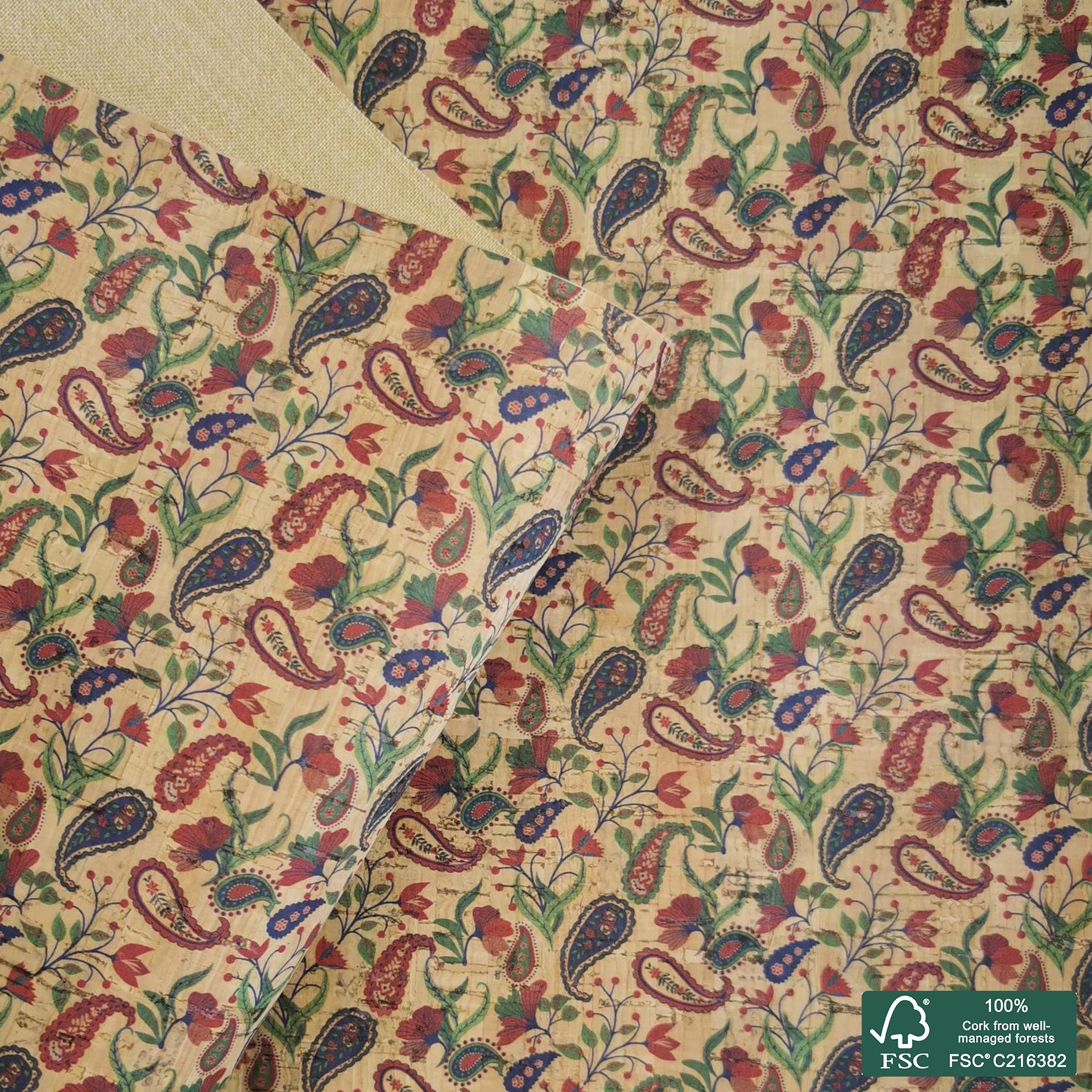 Paisley printed pattern on natural cork fabric (515)