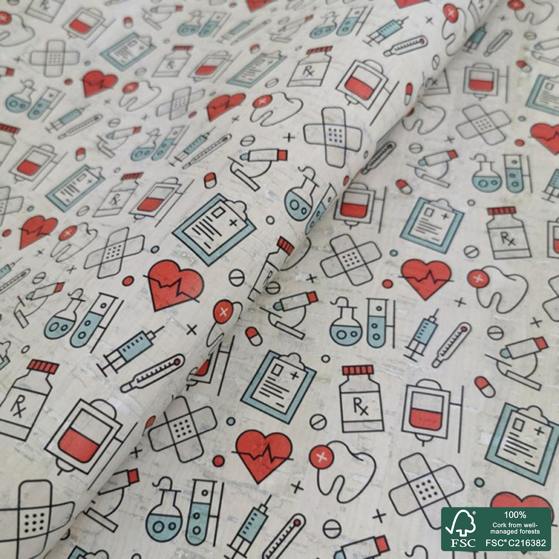 Medicine printed pattern on white cork fabric (521)