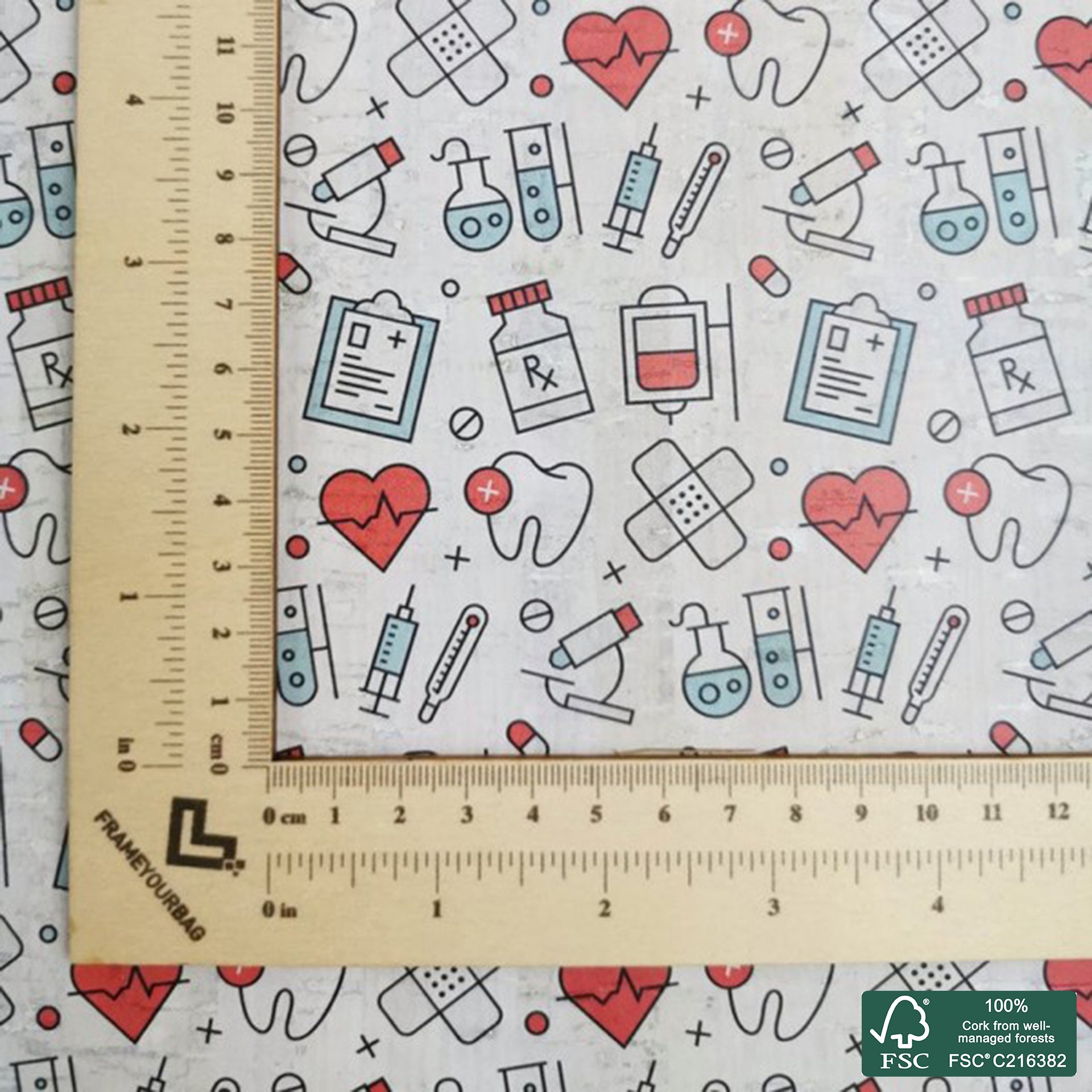 Medicine printed pattern on white cork fabric (521)