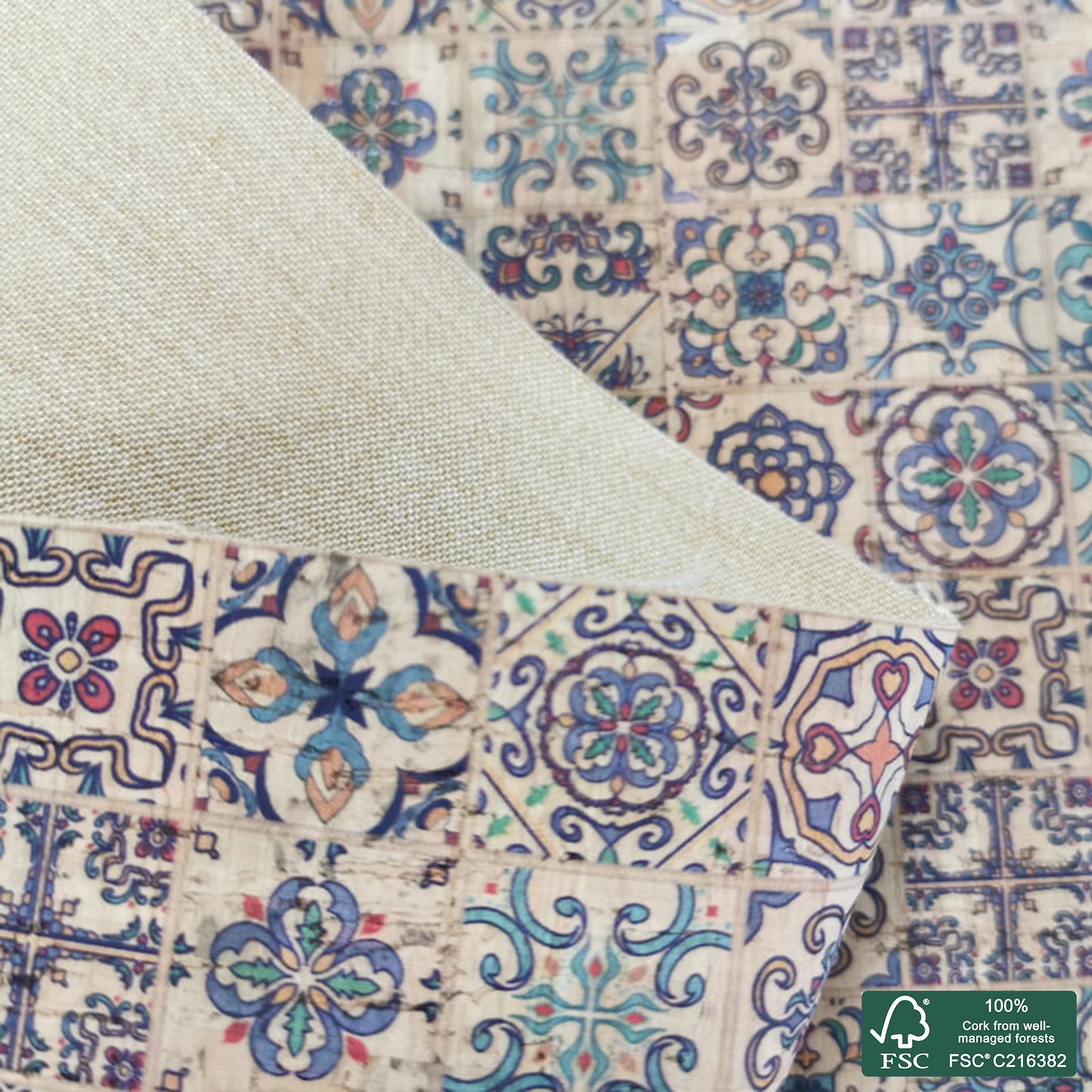 Tiles printed pattern on natural cork fabric (539)