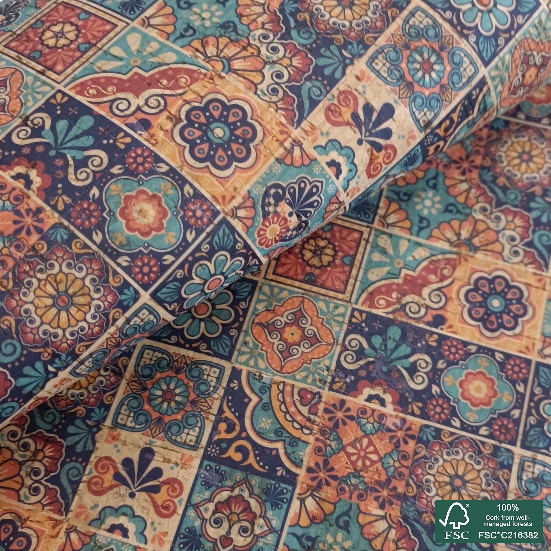 Tiles printed pattern on natural cork fabric (542)