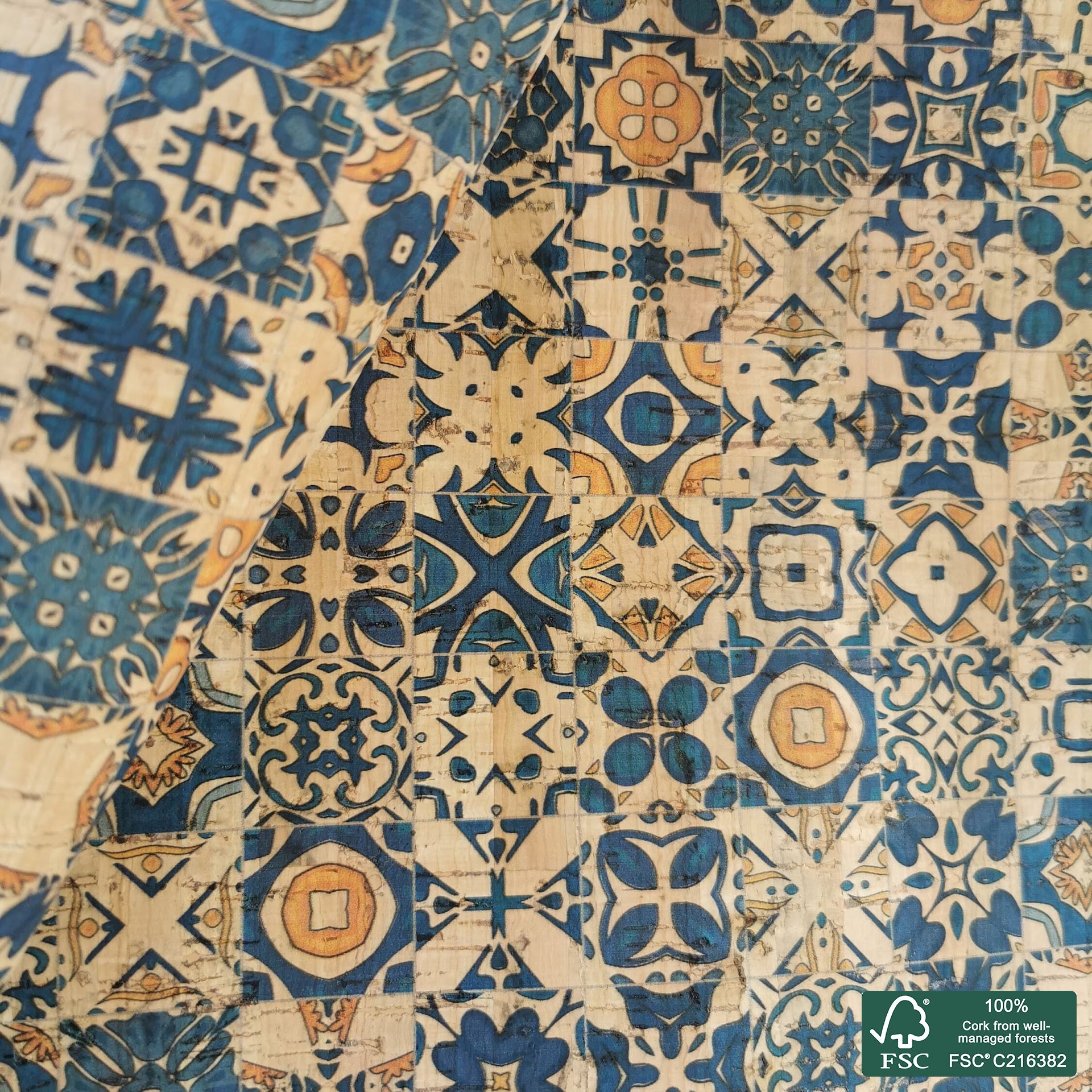 Tiles printed pattern on natural cork fabric (544)
