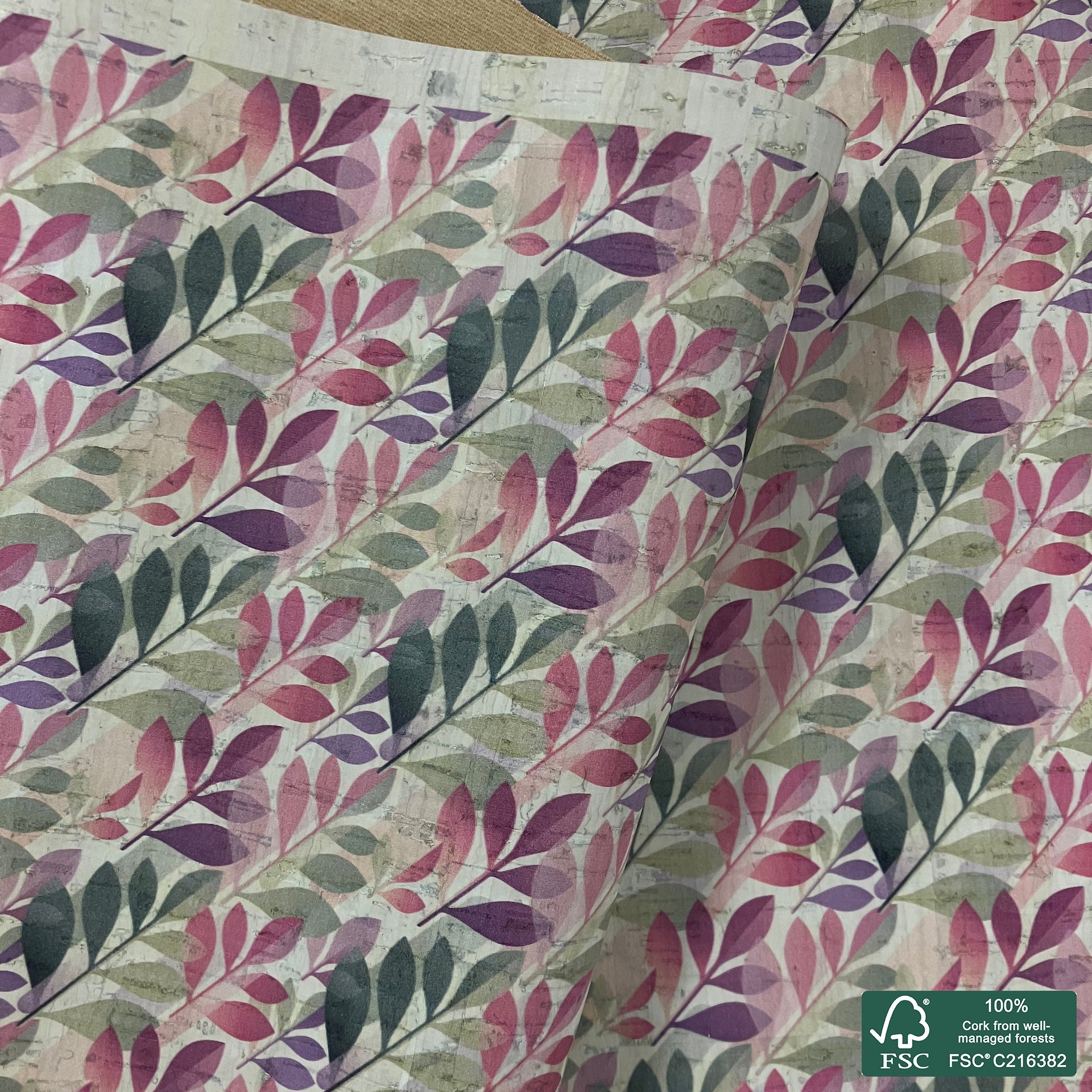 Leaves printed pattern on white cork fabric (547)