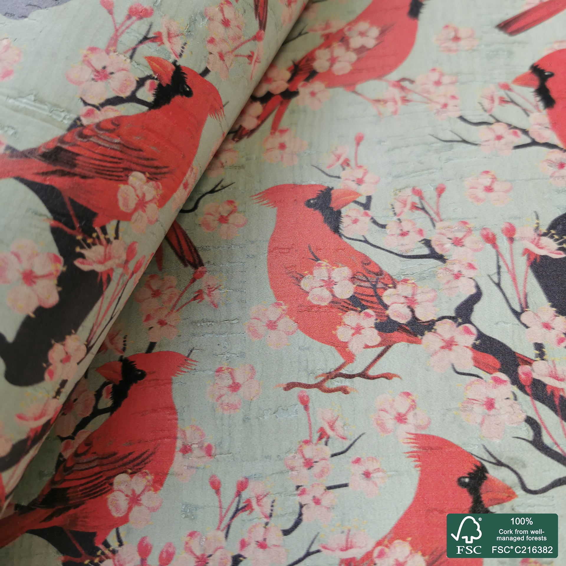 Birds printed pattern on white cork fabric (549)