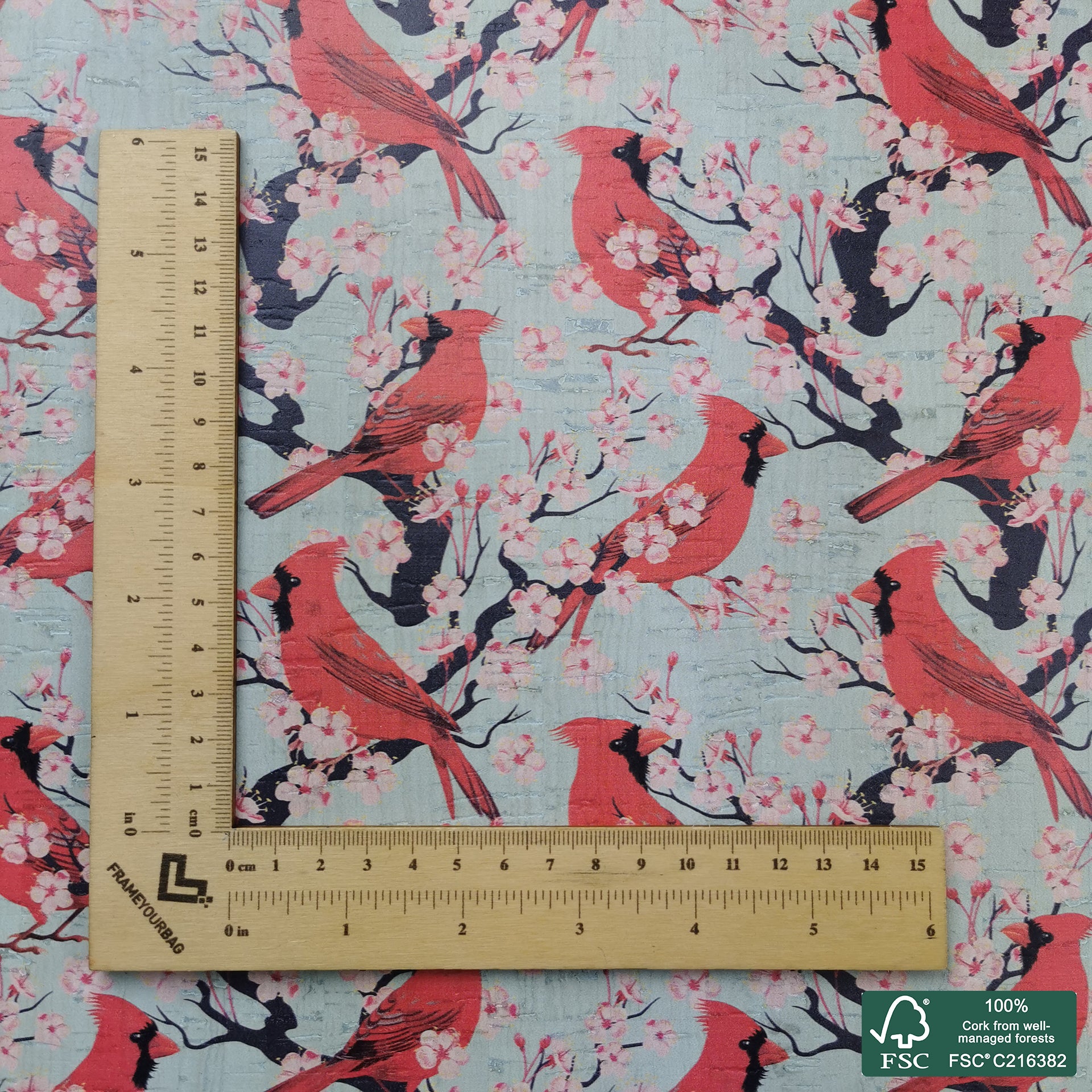 Birds printed pattern on white cork fabric (549)
