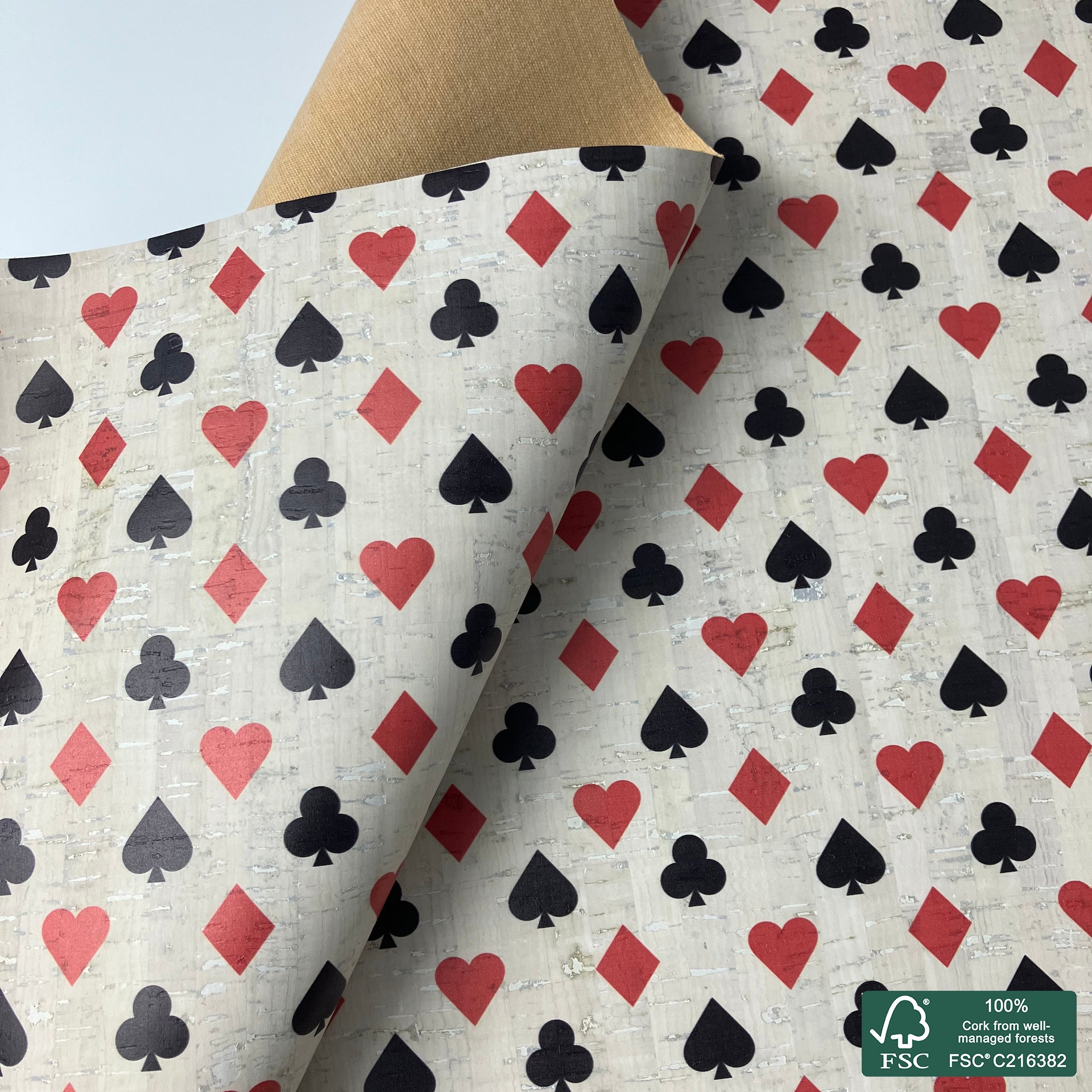 Deck of cards printed pattern on white cork fabric (552)