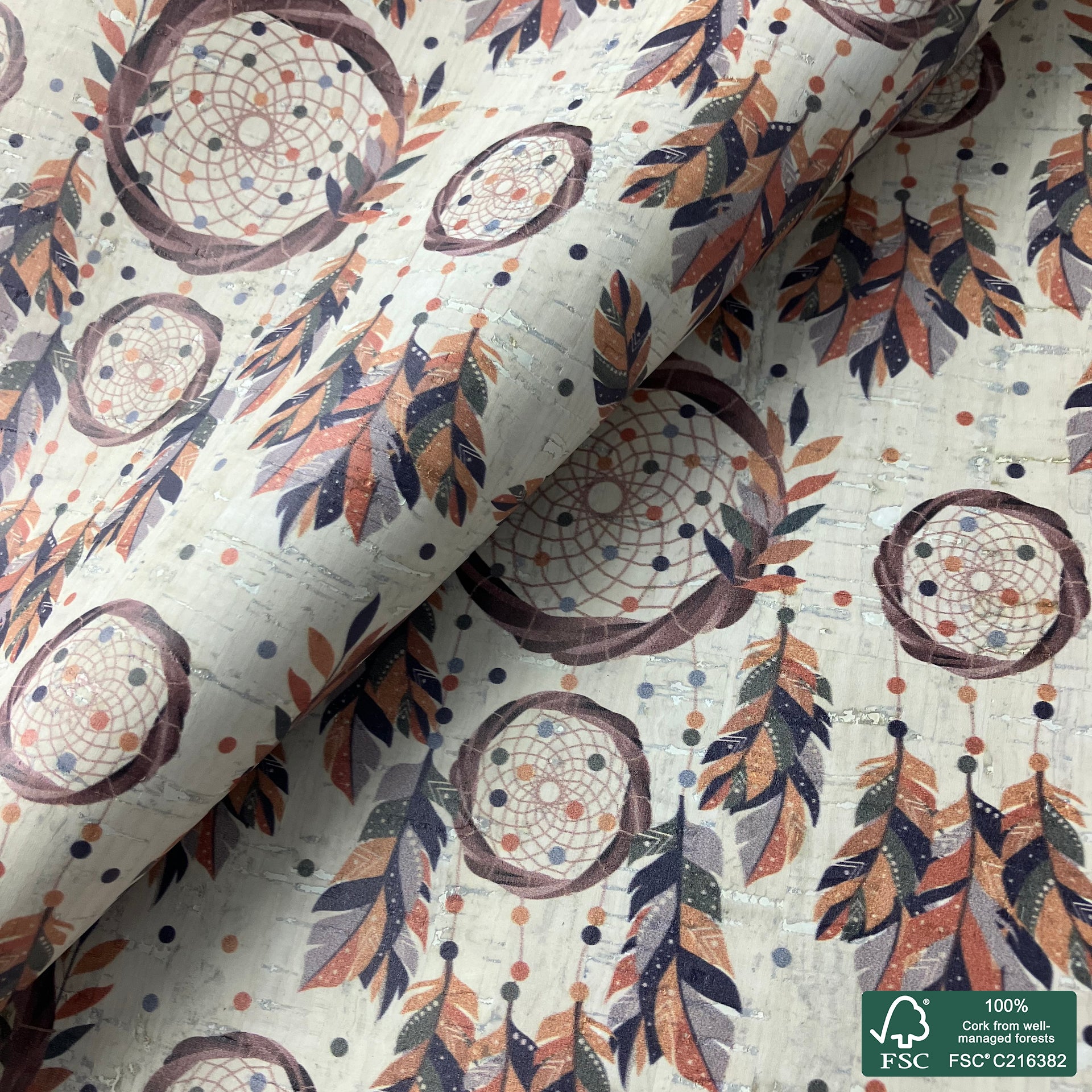 Dream catcher printed pattern on white cork fabric (554)