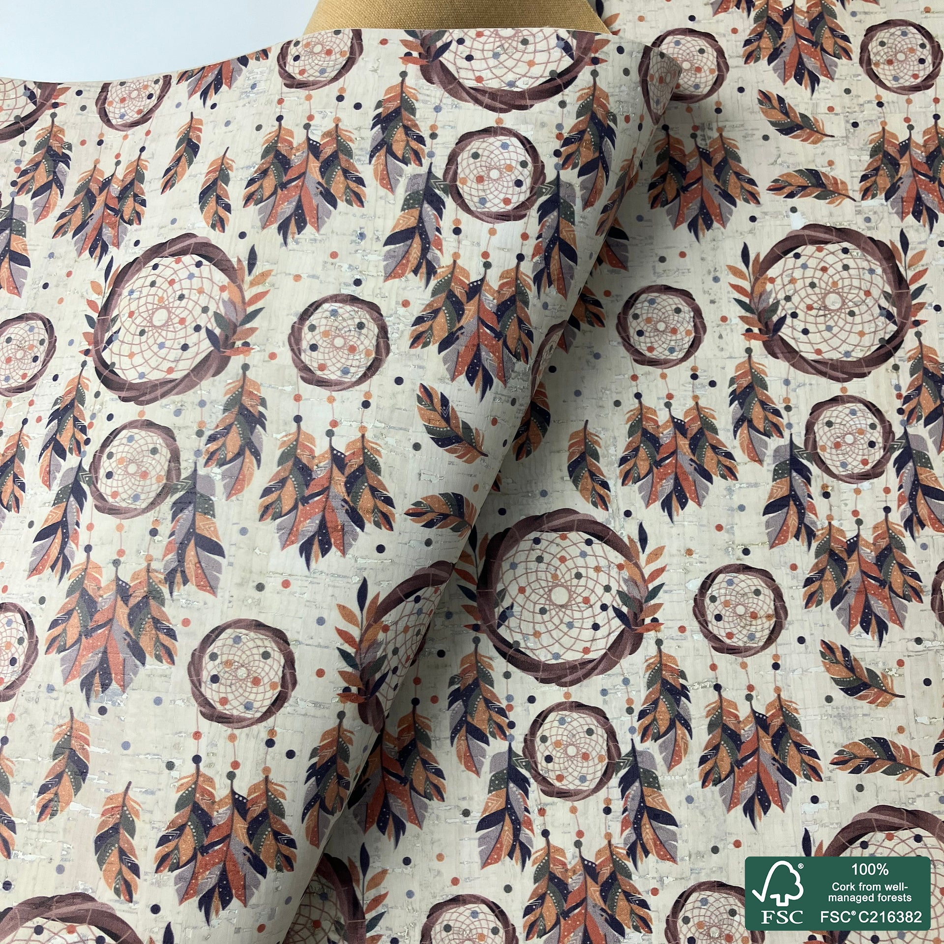 Dream catcher printed pattern on white cork fabric (554)