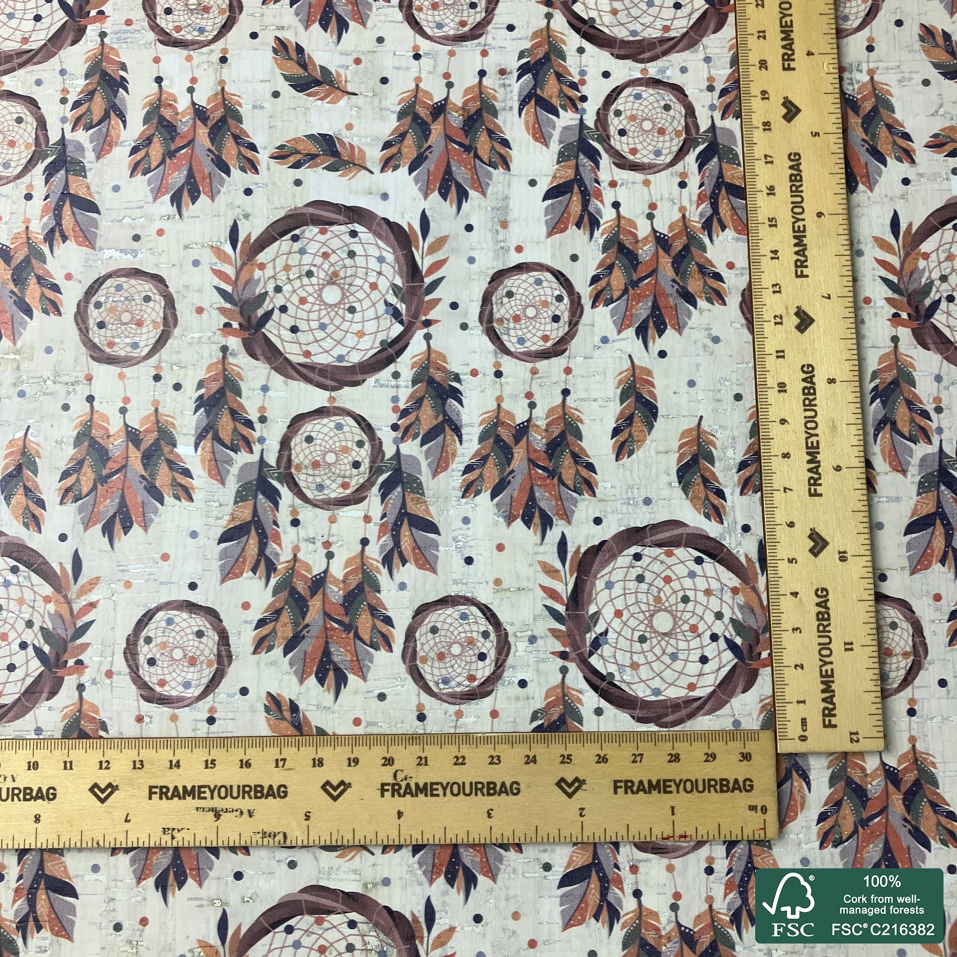 Dream catcher printed pattern on white cork fabric (554)