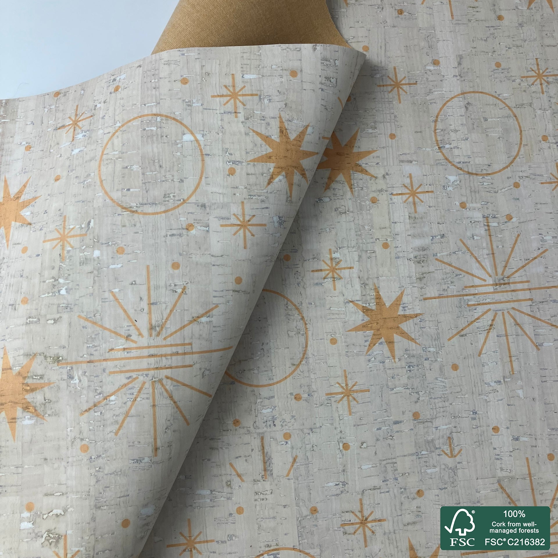 Golden stars printed pattern on white cork fabric (556)