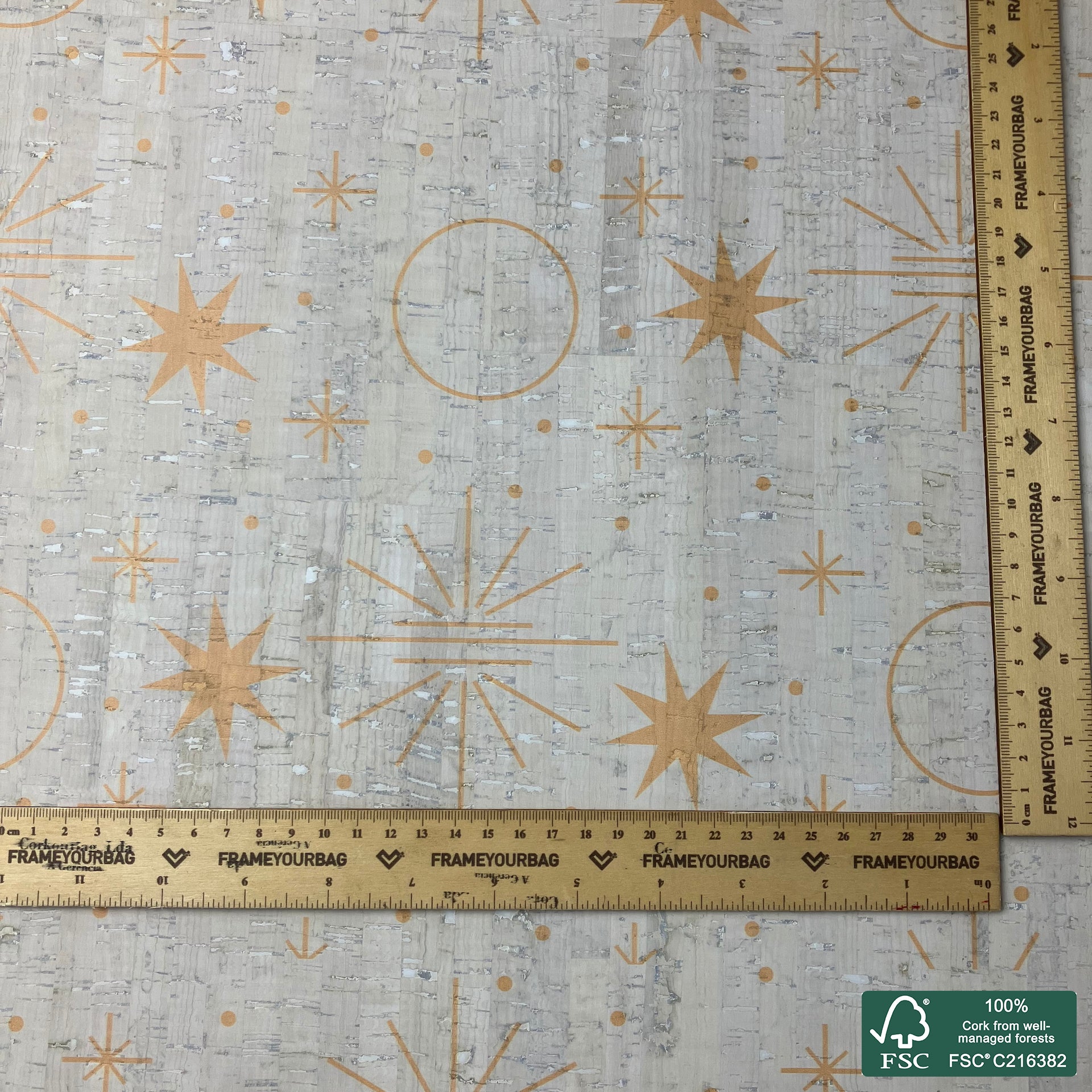 Golden stars printed pattern on white cork fabric (556)