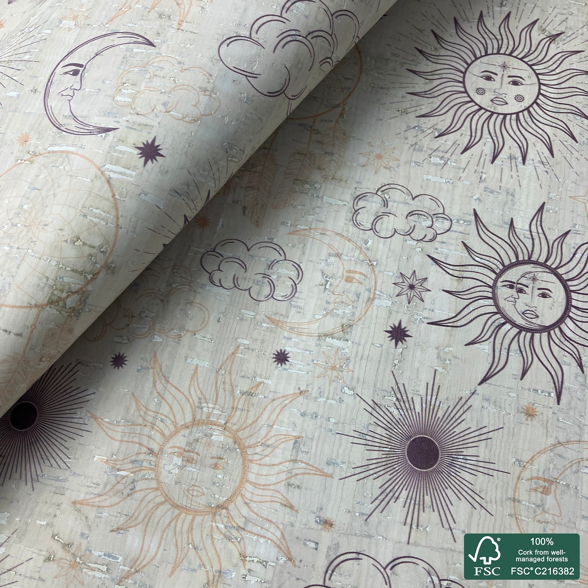 Dream catcher printed pattern on white cork fabric (557)