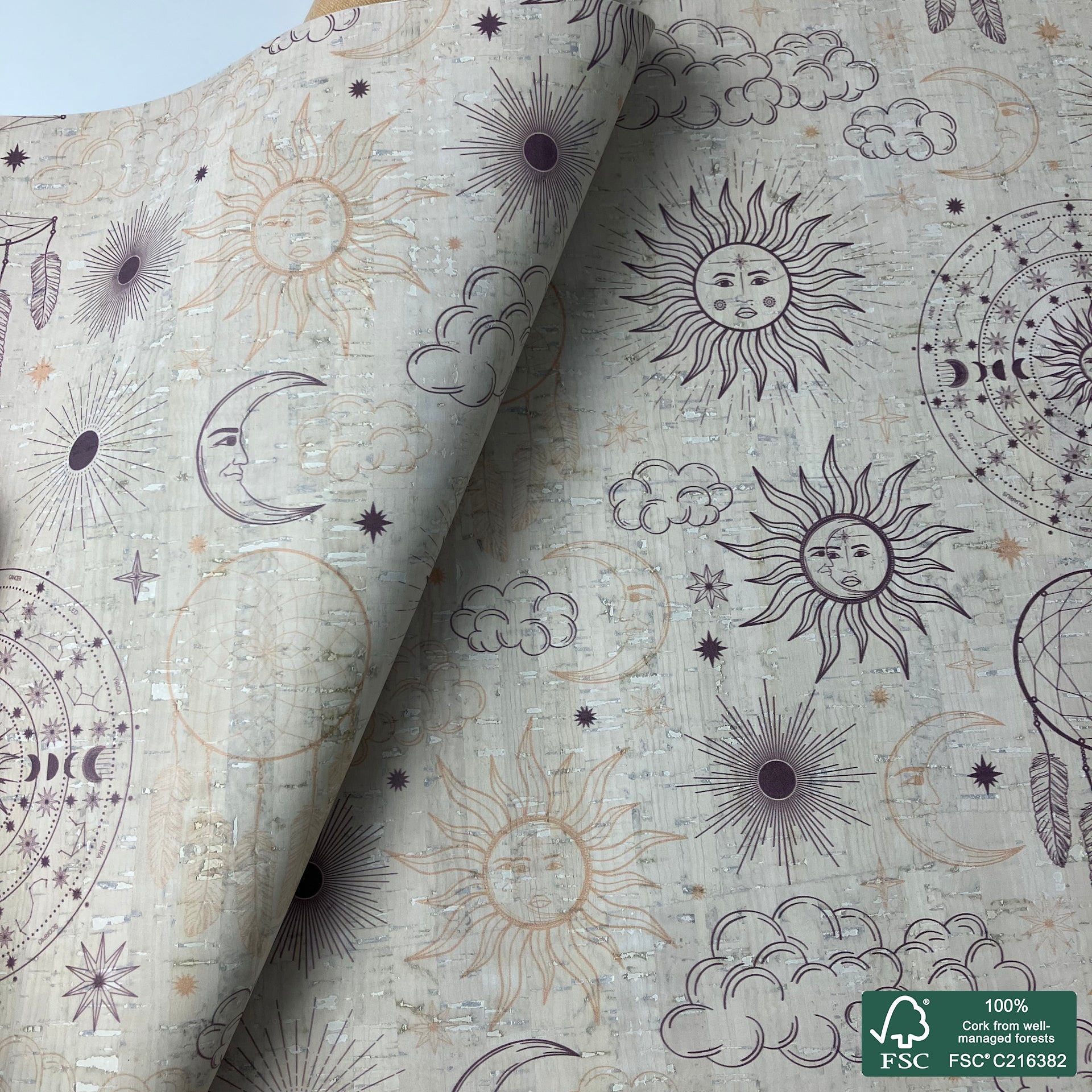 Dream catcher printed pattern on white cork fabric (557)