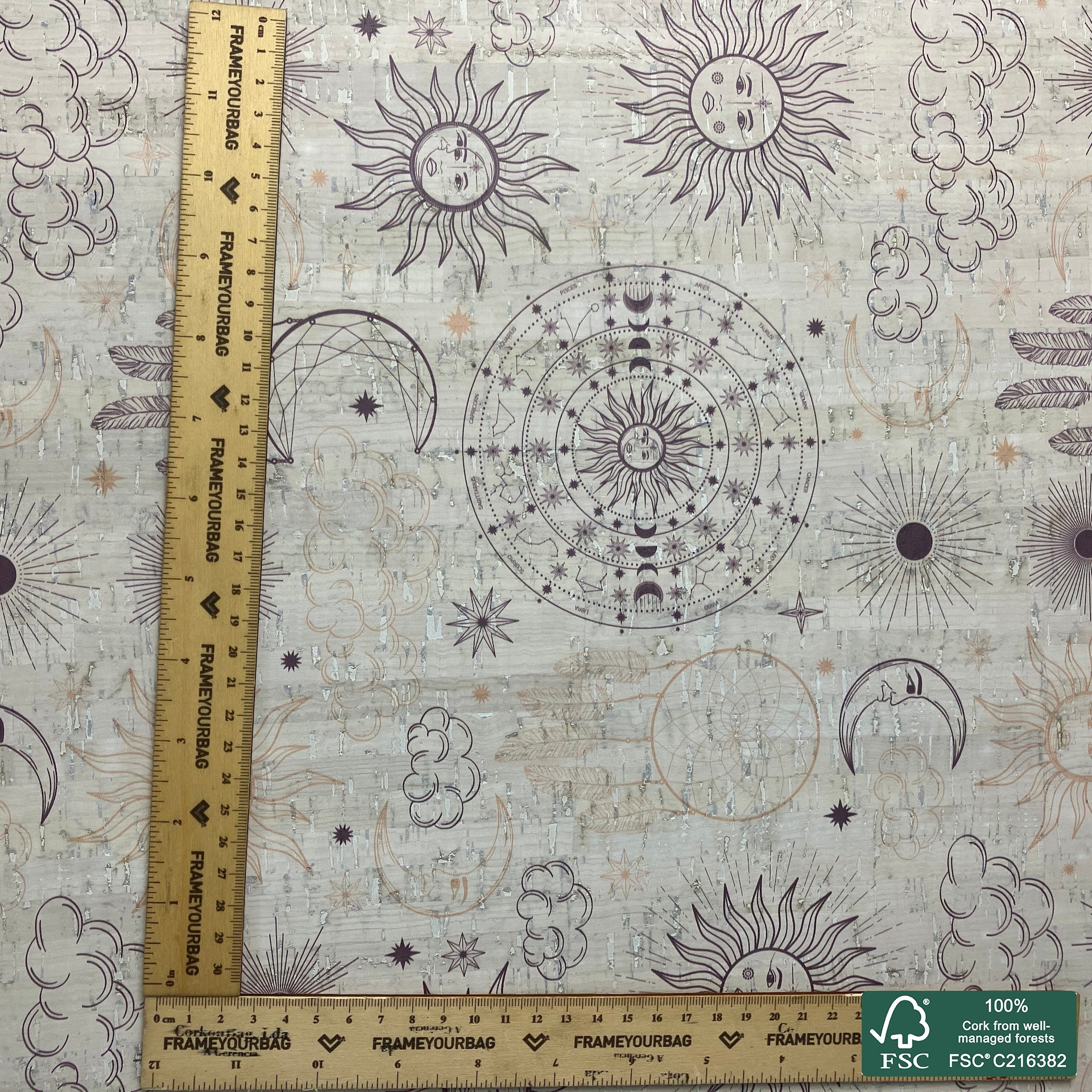 Dream catcher printed pattern on white cork fabric (557)