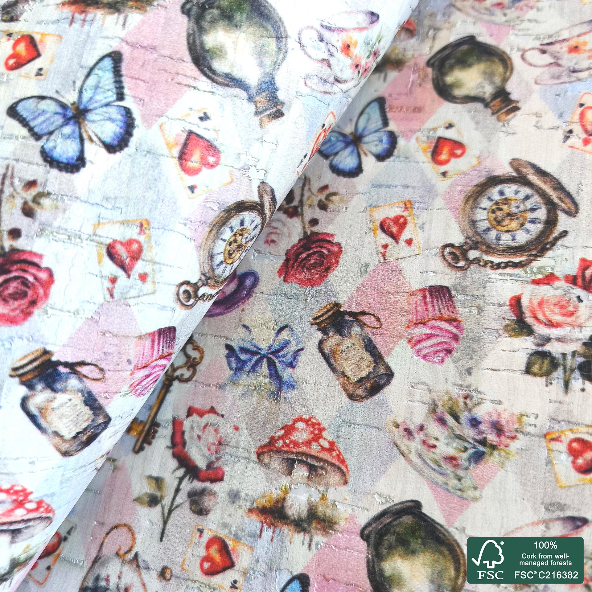 Fantasy tea party printed pattern on white cork fabric (558)