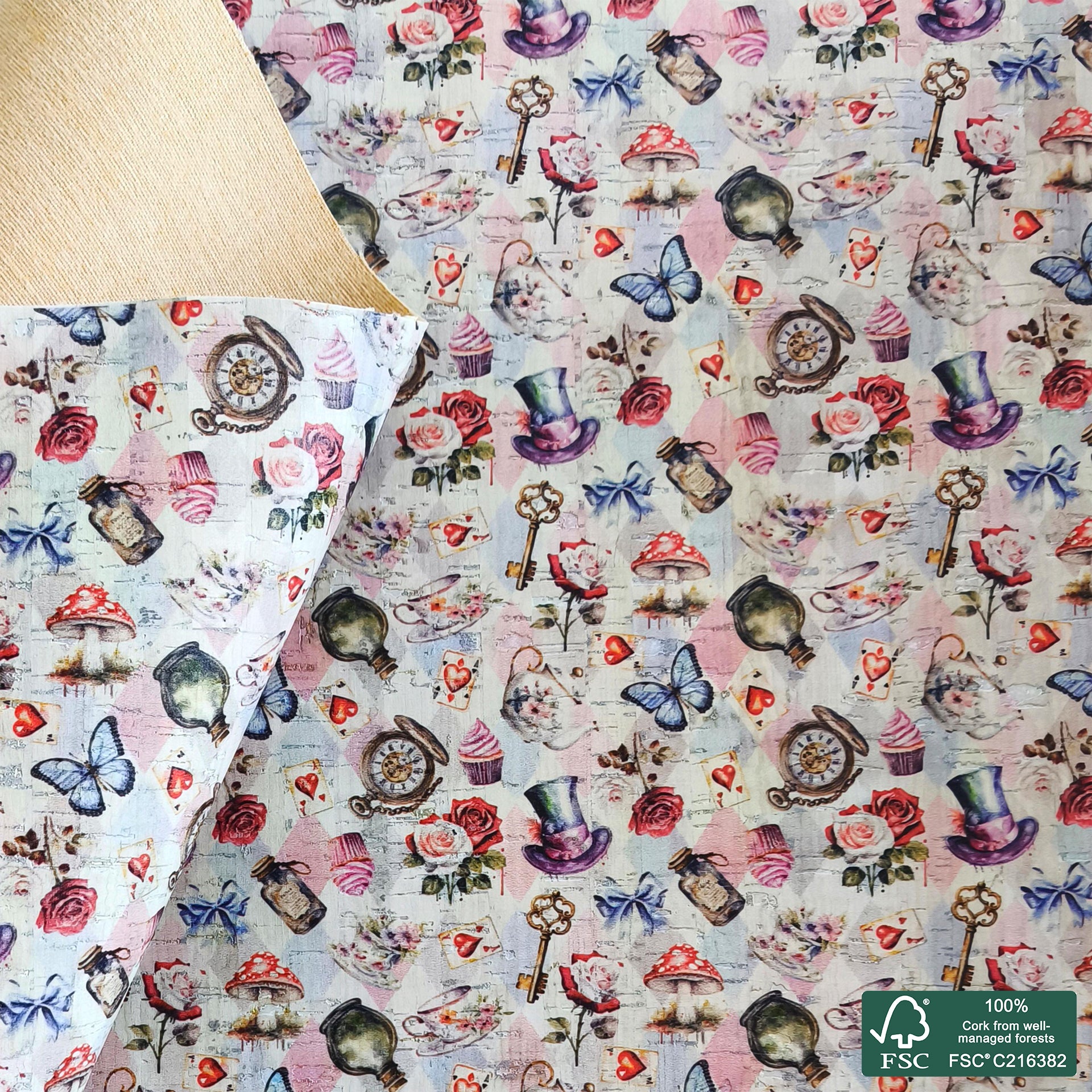 Fantasy tea party printed pattern on white cork fabric (558)