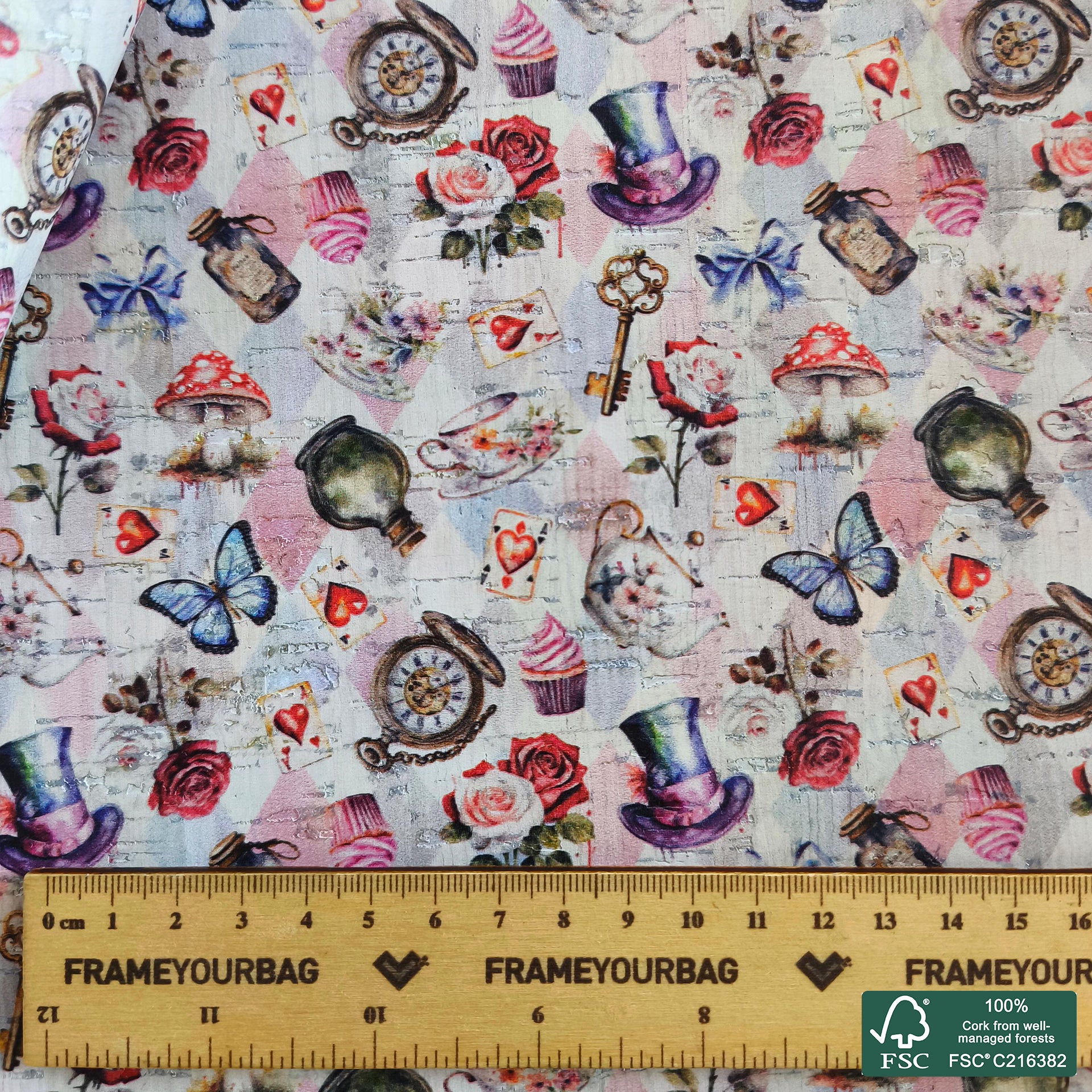 Fantasy tea party printed pattern on white cork fabric (558)