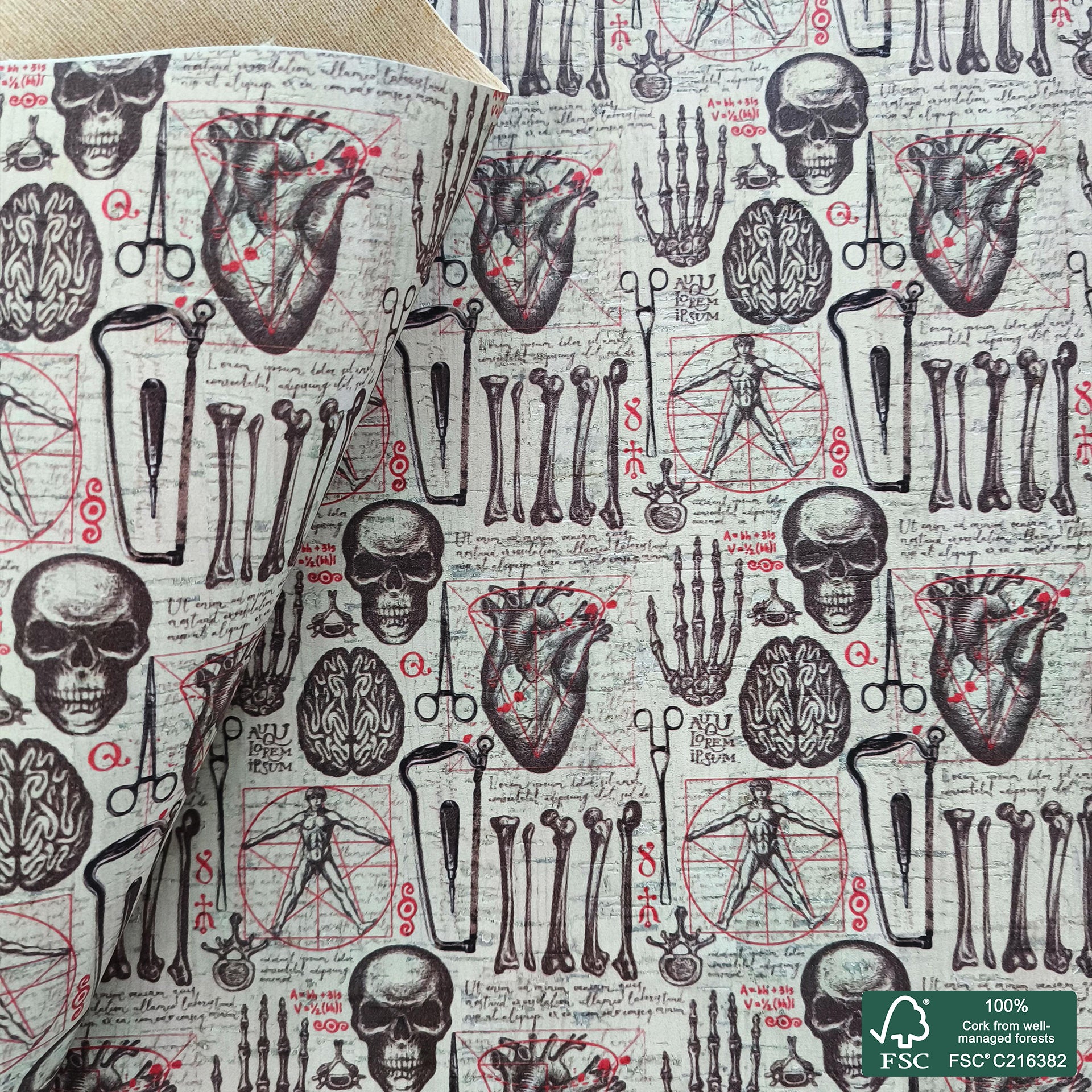 Anatomy printed pattern on white cork fabric (559)